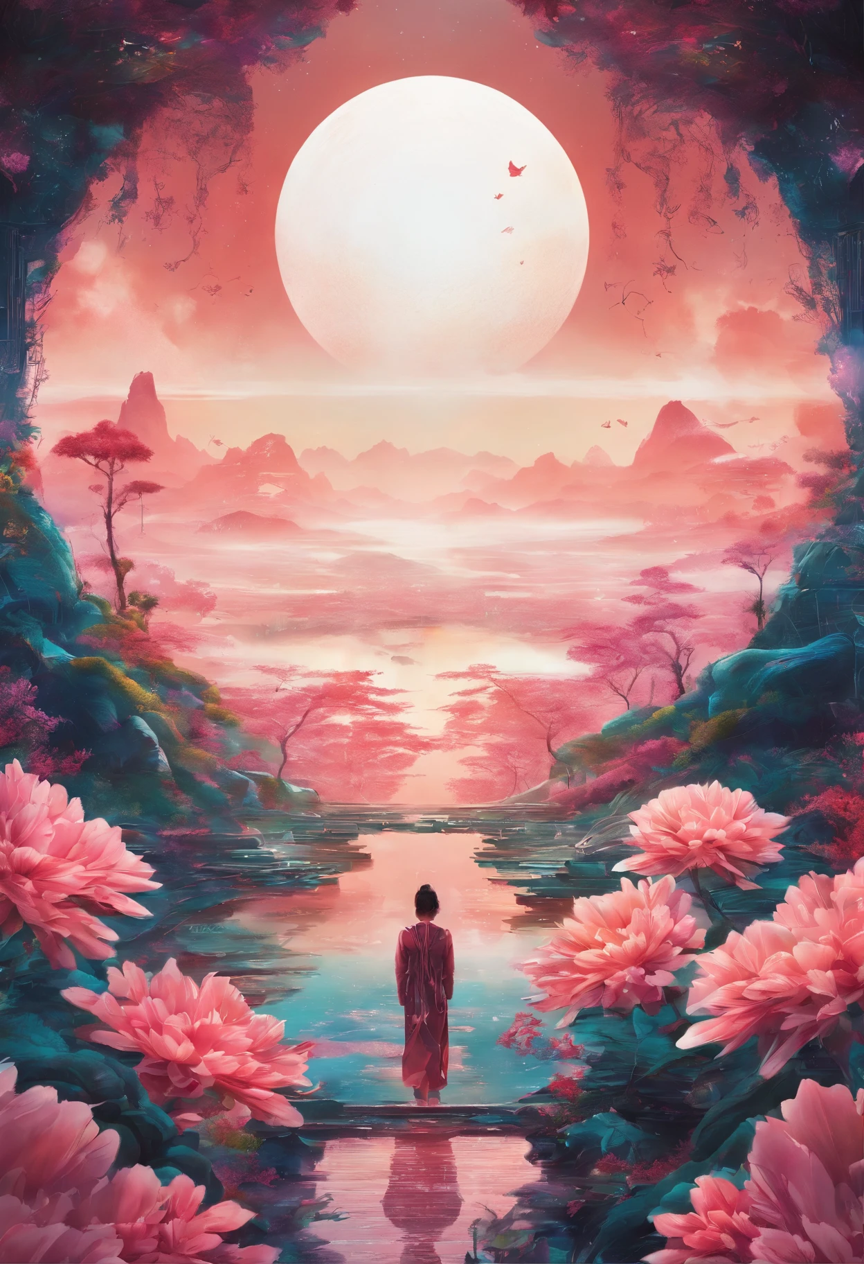 Field with beautiful flowers (close-up cleavage), meditate, Zazen, A meditative (Chinese landscape painting), (ink and watercolor painting), (8k wallpaper), (Light and Shadow Effect), rendering by octane, White balance design, Extremely detailed image representation, Wide angles, depth of fields, masterpiece, realistic, beautifully portrayed, a detailed, accurate, Masterpieces, masterpiece”