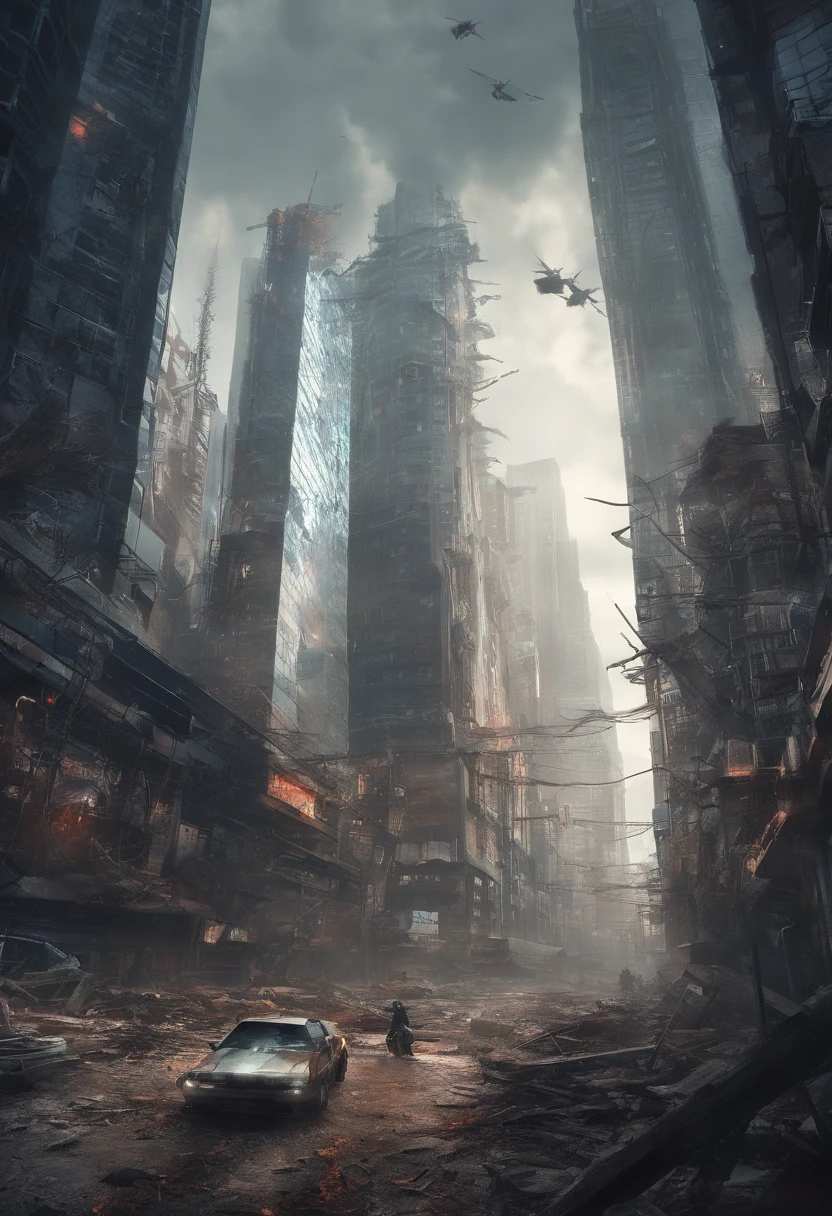 (best quality,4k,8k,highres,masterpiece:1.2),ultra-detailed,(realistic,photorealistic,photo-realistic:1.37),horror,cityscape,ruins,post-apocalyptic,desolate,dark,ominous,dystopian,gloomy,dangerous,wreckage,zombies,monsters,bloodthirsty,fierce,ferocious,frightening,carnage,terror,chaos,creatures,demons,dreadful,collision,destruction,skyscrapers,smoke,fire,ashes,dilapidated,deserted,abandoned,decaying,wandering,howling,streets,alleys,shadows,thorny,vines,overgrown,glowing eyes,crawling,feral,mutated,snarling,infected,rotting,flesh,eerie,survival,wasteland,apocalypse,nightmare,nightfall,moonlight,haunting
