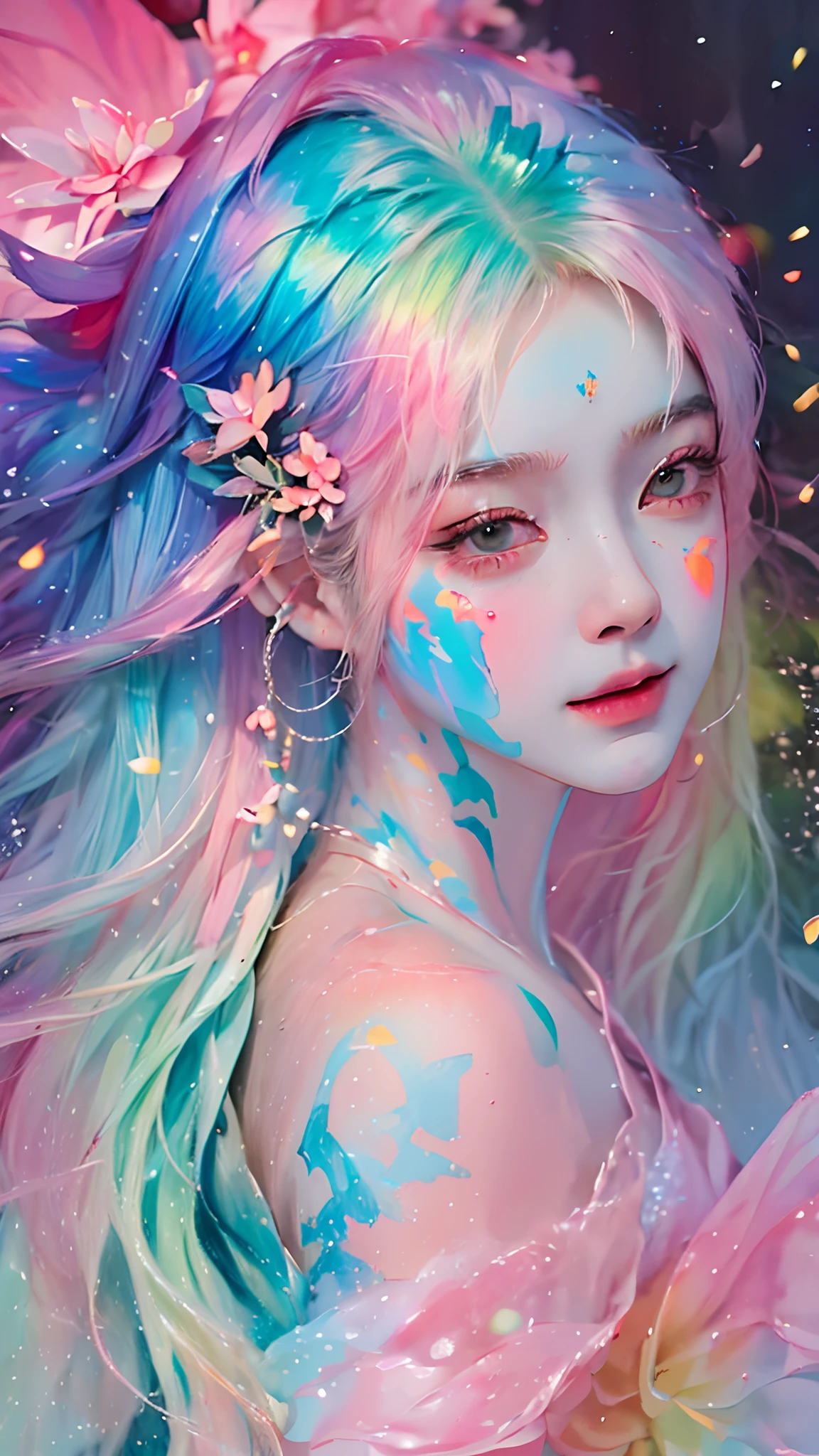 (Masterpiece, Best quality, high resolution), Lotus background, ((paint splatter, colored splashing, Splash of Ink, colored splashing)), ((Sweet Chinese girl, Rainbow hair)), Pink lips, Front, Upper body,Lotus in the background, Lotus flowers in the water,ssmile，pureerosface_v1，ulzzang-6500-v1.1，