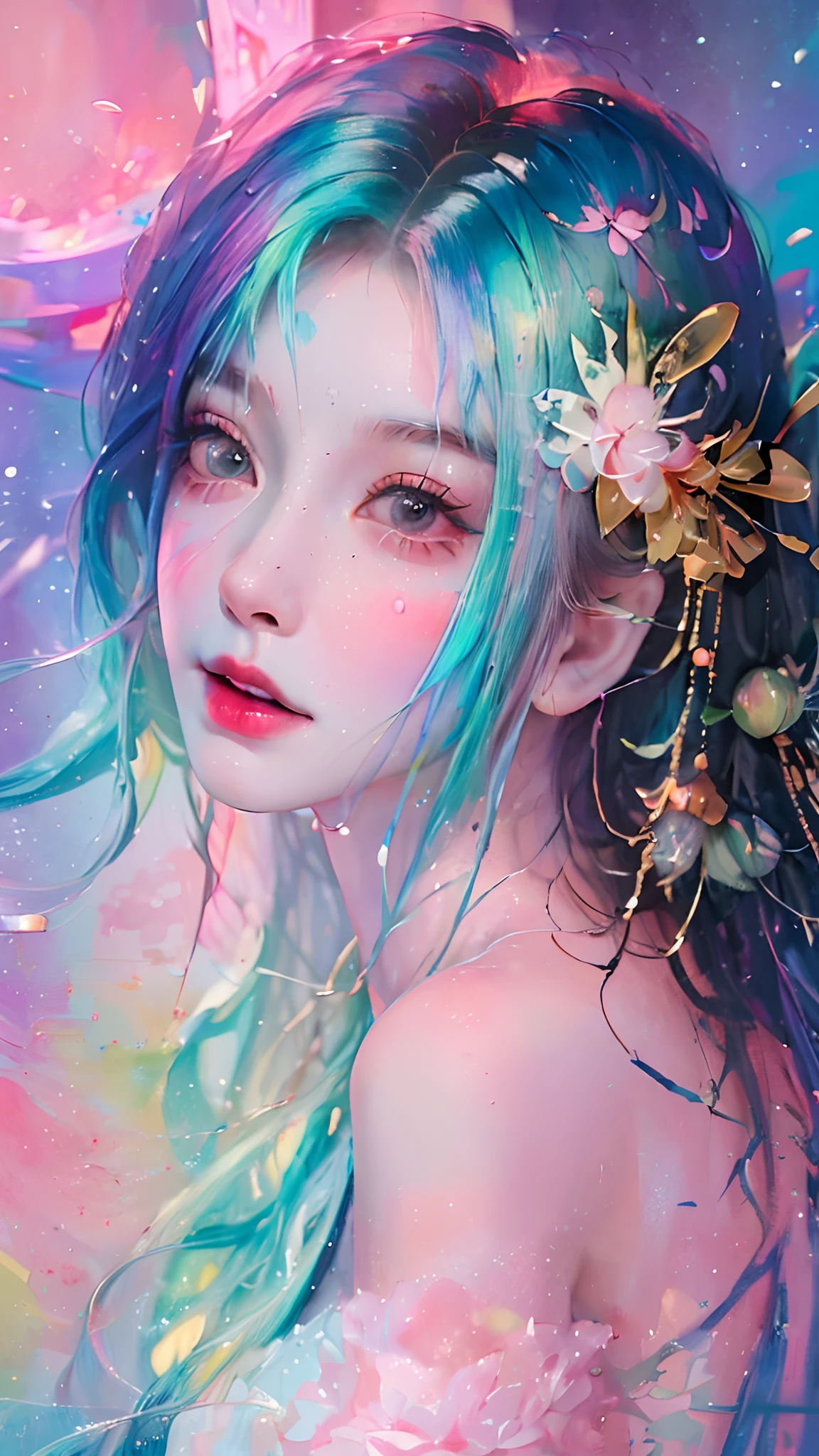 (Masterpiece, Best quality, high resolution), Lotus background, ((paint splatter, colored splashing, Splash of Ink, colored splashing)), ((Sweet Chinese girl, Rainbow hair)), Pink lips, Front, Upper body,Lotus in the background, Lotus flowers in the water,ssmile,pureerosface_v1,ulzzang-6500-v1.1,