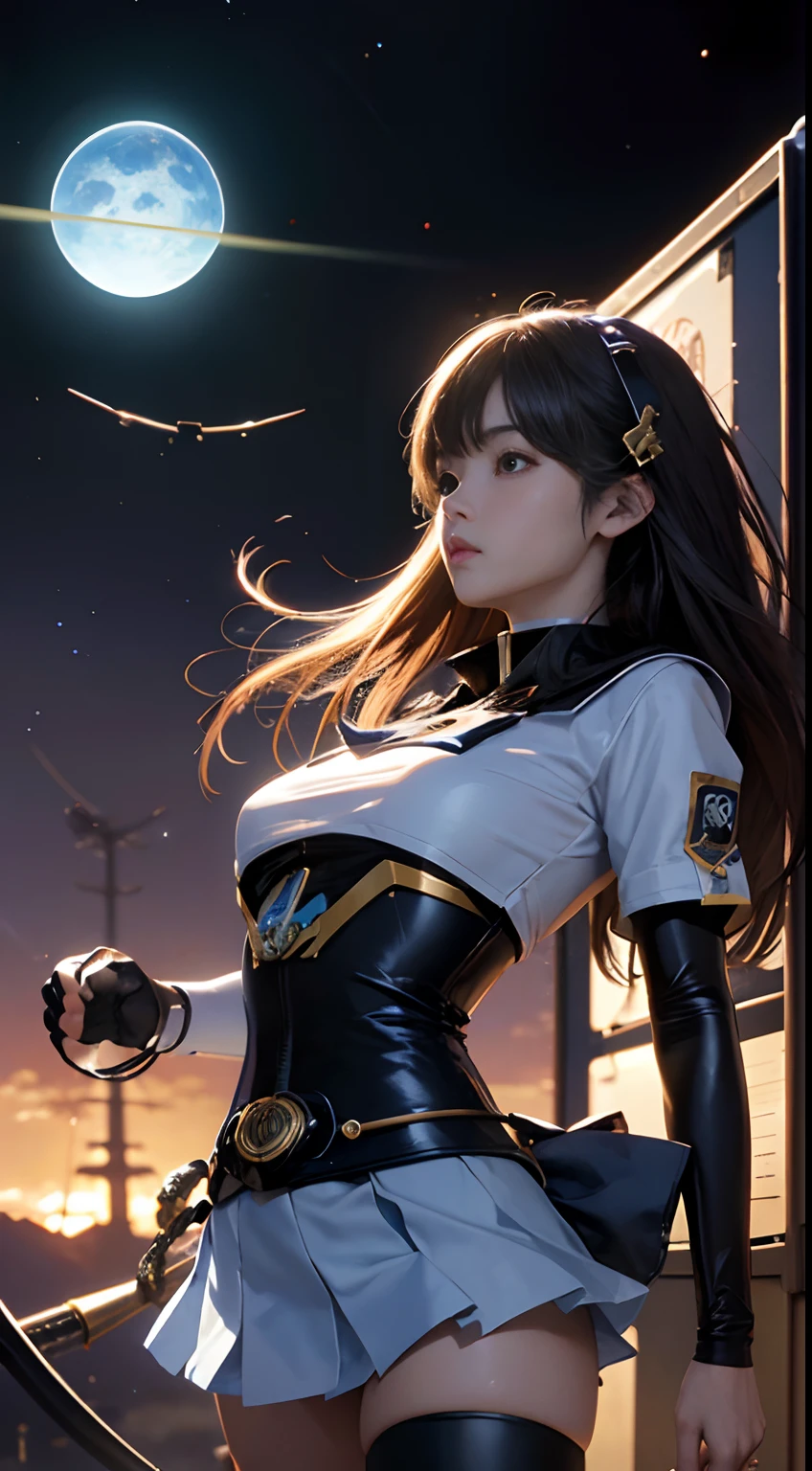 Masamune Shirow, Kenji Tsuruta, Charles Doyle, A E Marty, Japanese Anime, Surreal Mysterious Weird Fantastic Sci-Fi Fantasy, galaxy in library, Miniskirt High School Girl Studying, perfect voluminous body, beautiful girl, solar system planets floating around girl, hyper detailed, realistic, high resolution high definition high quality masterpiece