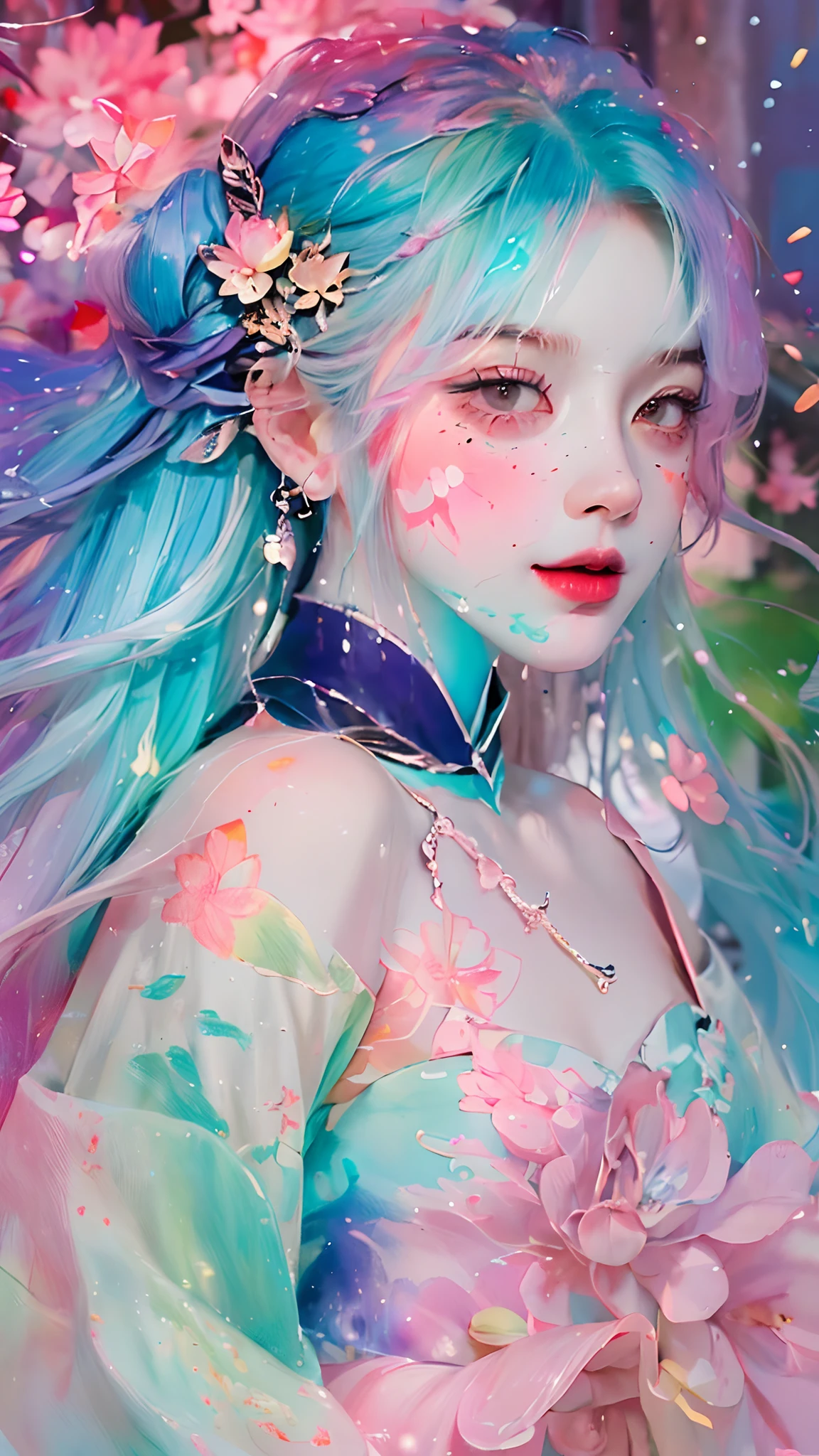 (Masterpiece, Best quality, high resolution), Lotus background, ((paint splatter, colored splashing, Splash of Ink, colored splashing)), ((Sweet Chinese girl, Rainbow hair)), Pink lips, Front, Upper body,Lotus in the background, Lotus flowers in the water,ssmile,pureerosface_v1,ulzzang-6500-v1.1,