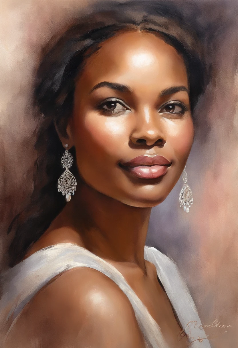 Imagine a watercolor portrait of a young woman with a calm expression. This picture is、Captures the delicate play of light and shadow in her features. Her eyes are a seductive shade of deep blue, Eta、They seem to have a hint of distant memory. The artist's skillful brushwork、Brings out the subtle texture of her skin, Give realistic quality. The subject's lips are softly painted in a natural pink shade, And a gentle smile adorns her face. Sprigs of her wavy reddish-brown hair surround her face, Beautiful harmony with dreamy things, Ethereal background in soft pastel colors. The overall atmosphere of the painting is、Exudes a sense of tranquility and introspection., african american woman ,muslim