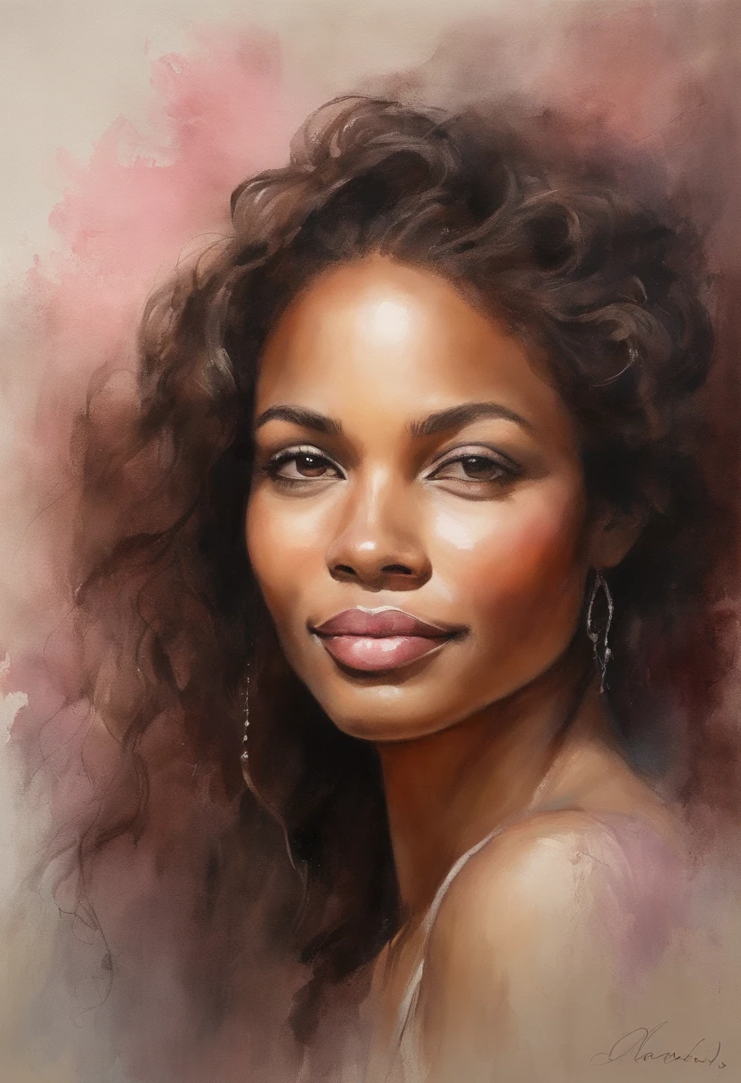 Imagine a watercolor portrait of a young woman with a calm expression. This picture is、Captures the delicate play of light and shadow in her features. Her eyes are a seductive shade of deep blue, Eta、They seem to have a hint of distant memory. The artist's skillful brushwork、Brings out the subtle texture of her skin, Give realistic quality. The subject's lips are softly painted in a natural pink shade, And a gentle smile adorns her face. Sprigs of her wavy reddish-brown hair surround her face, Beautiful harmony with dreamy things, Ethereal background in soft pastel colors. The overall atmosphere of the painting is、Exudes a sense of tranquility and introspection., african american woman ,muslim