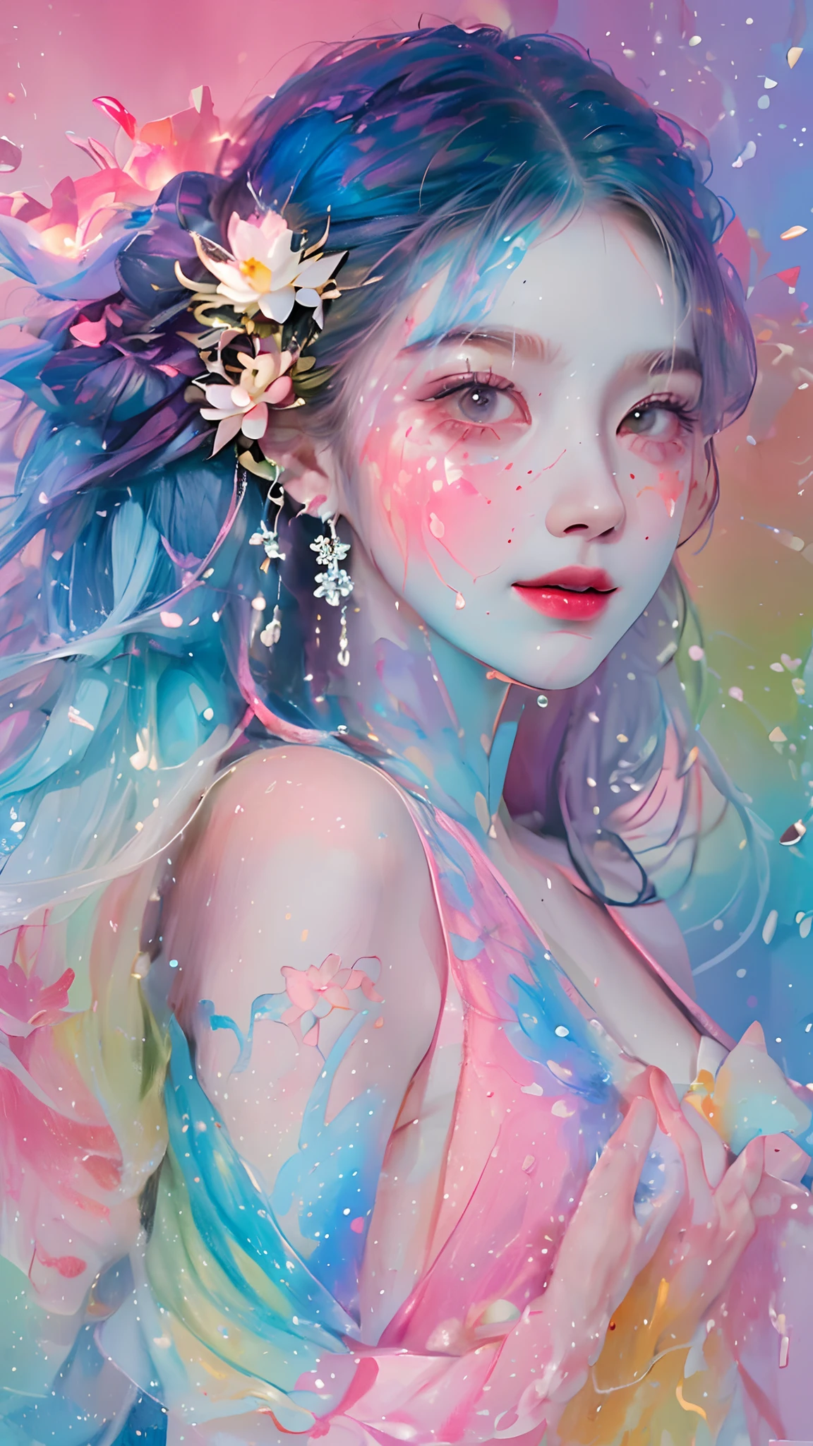 (Masterpiece, Best quality, high resolution), Lotus background, ((paint splatter, colored splashing, Splash of Ink, colored splashing)), ((Sweet Chinese girl, Rainbow hair)), Pink lips, Front, Upper body,Lotus in the background, Lotus flowers in the water,ssmile，pureerosface_v1，ulzzang-6500-v1.1，