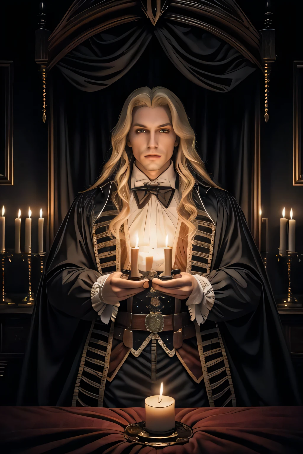 1man, handsome man, portrait upper body of alucardcastlevania wear court suit in bedroomgothic room, candle, looking at viewer, dim light, dark, horror \(theme\), realistic, long blonde,