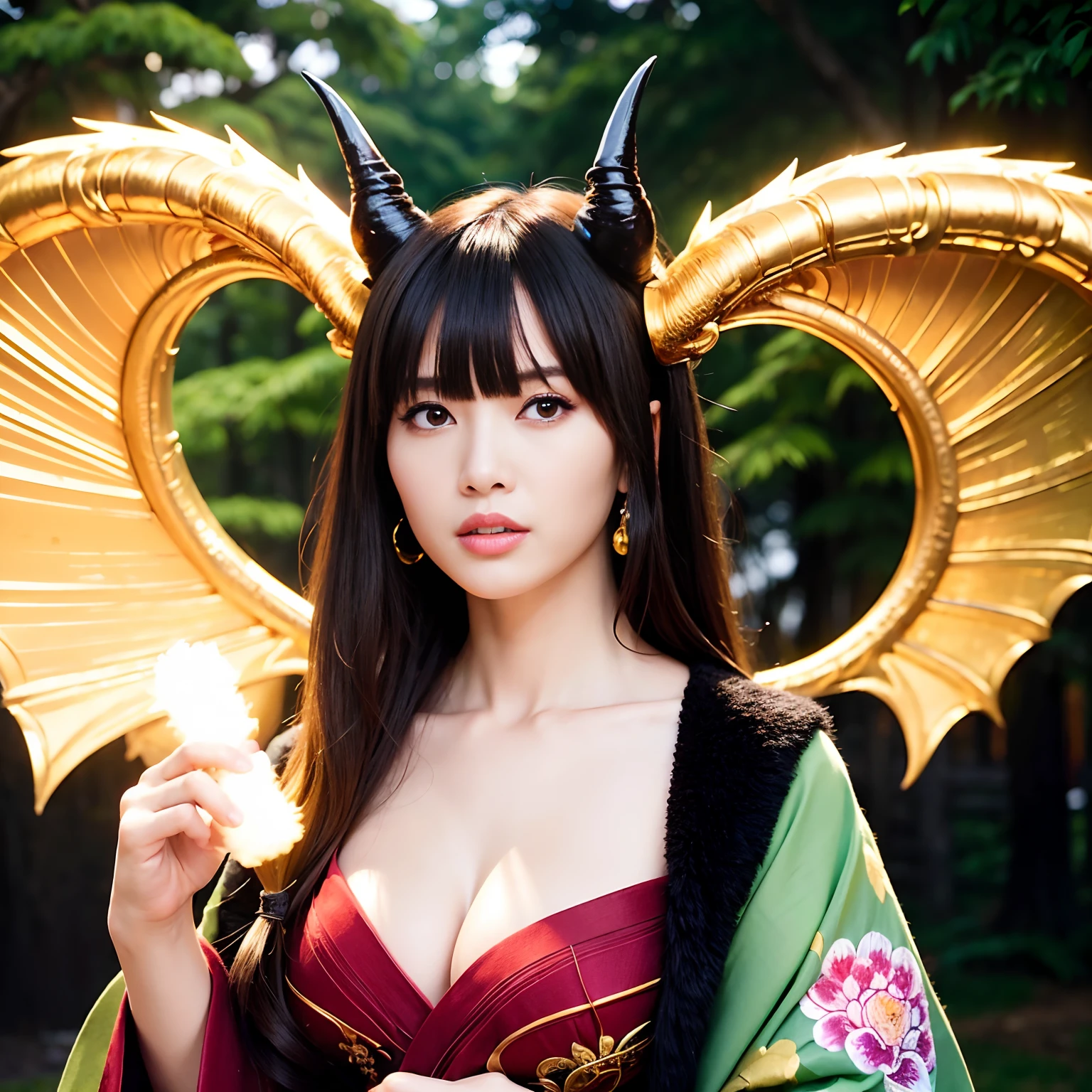 (((Fierce battle with aliens))),Professional , masterpiece、top-quality、photos realistic , depth of fields 、(sexypose)、(Black maple on the background of full bloom),(Ultimate Beauty)、A dark-haired、Mystical expression、(shrine background)、(Kimono with beautiful pattern)、(Night background)、Beautiful hair ornament on the head、,(intense fighting),((Precipitous cliffs)),(Wear a beautiful kimono),(Wear a colorful and beautiful kimono)、(Japan Castle Background)、Jewel Gold Weapon、Particles of light),(intense fighting)、Gorgeous gold weapons ,Castle background、(( Gorgeous Dragon Sword)) , (a dark night),,(maikurobikini) 、((Black Haired Beautiful Girl))、(Castle background)、(demonic wings)、((Gangle's forest background))、Beautiful Caucasian beauty、1a person、dynamic ungle,(((Two devil's horns on the head)))、Smaller head、Idle Smile、Thin and beautiful female hands、Mystical expression、Light Effects、intense fighting、Wind-effect、magic circles、With the legendary magic wand、Dragon's tail、Anatomically correct fingers、
