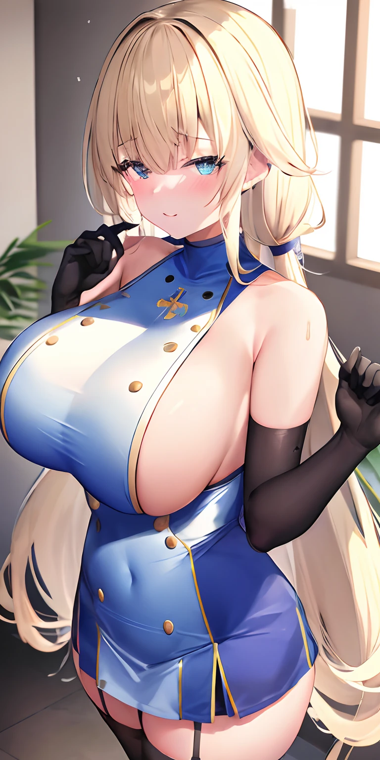 Photo quality,masterpiece, top-quality, in 8K, hight resolution, 1girl in, oilly skin, Wetty, Detailed skin,Anime Face Girl,Beautiful sister,Burst breasts,large full breasts,very big boobs,爆乳,Burst emulsification,Huge breasts,White sleeveless turtleneck,golden hair color,Longhaire,Light blue mesh,Bedrooms,