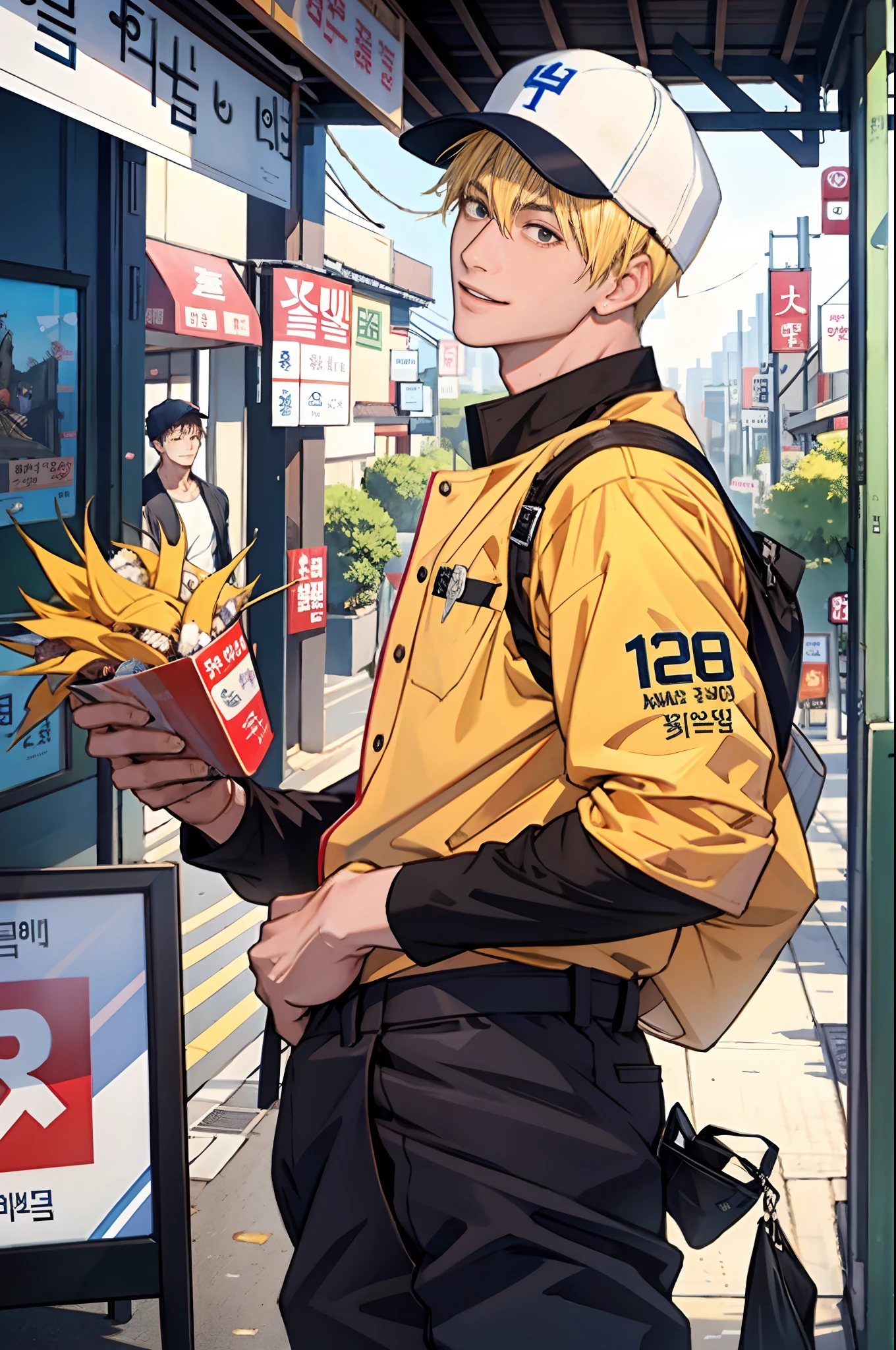 (tmasterpiece,超高分辨率,16k UHD,high qulity),low tune,commute,ads,tvp,standing on your feet,looking at viewert,tmasterpiece,In crowded restaurants,sitted,(Super short blonde hair),Black eyes,Turn to the back,ssmile,Seoul,(small heads),Precise anatomy,deliver goods, Precise hand structure,light colored costume,baseball cap,Coveralls, Unity 16K wallpaper,concept-art,One guy,8K eyes,(((Mature male))),(short detailed hair),Work pants,(photorealiscic face:1.8),broad shoulder,slips,(full bodyesbian:1.6),Male 24,
