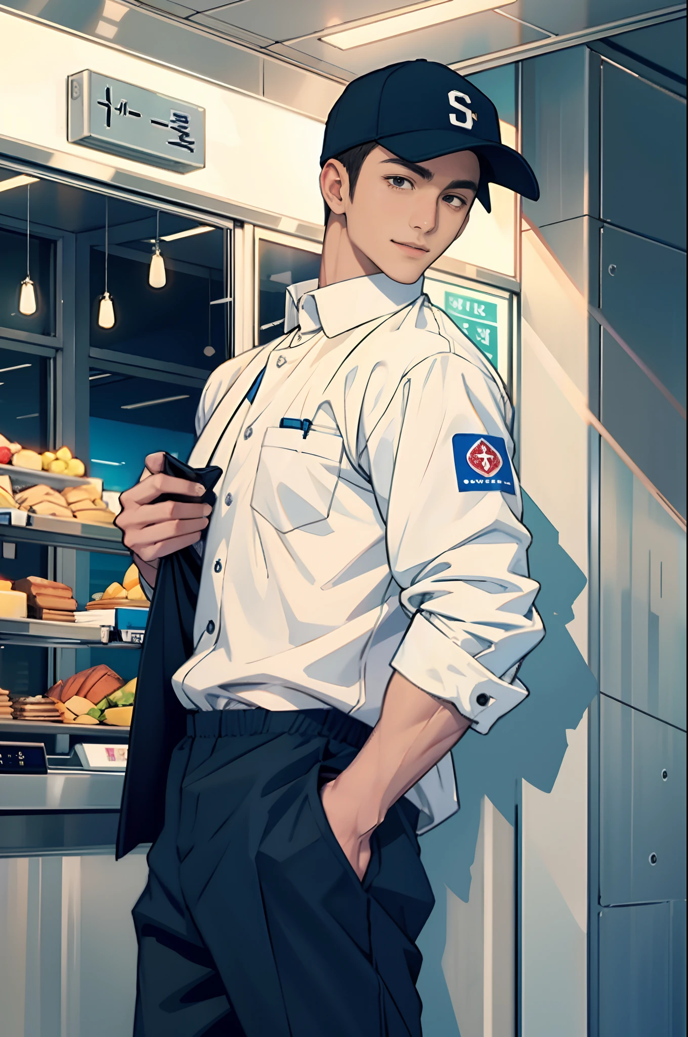 (tmasterpiece,超高分辨率,16k UHD,high qulity),low tune,commute,ads,tvp,standing on your feet,looking at viewert,tmasterpiece,In crowded restaurants,sitted,(Super short blonde hair),Black eyes,Turn to the back,ssmile,Seoul,(small heads),Precise anatomy,deliver goods, Precise hand structure,light colored costume,baseball cap,Coveralls, Unity 16K wallpaper,concept-art,One guy,8K eyes,(((Mature male))),(short detailed hair),Work pants,(photorealiscic face:1.8),broad shoulder,slips,(full bodyesbian:1.6),Male 24,