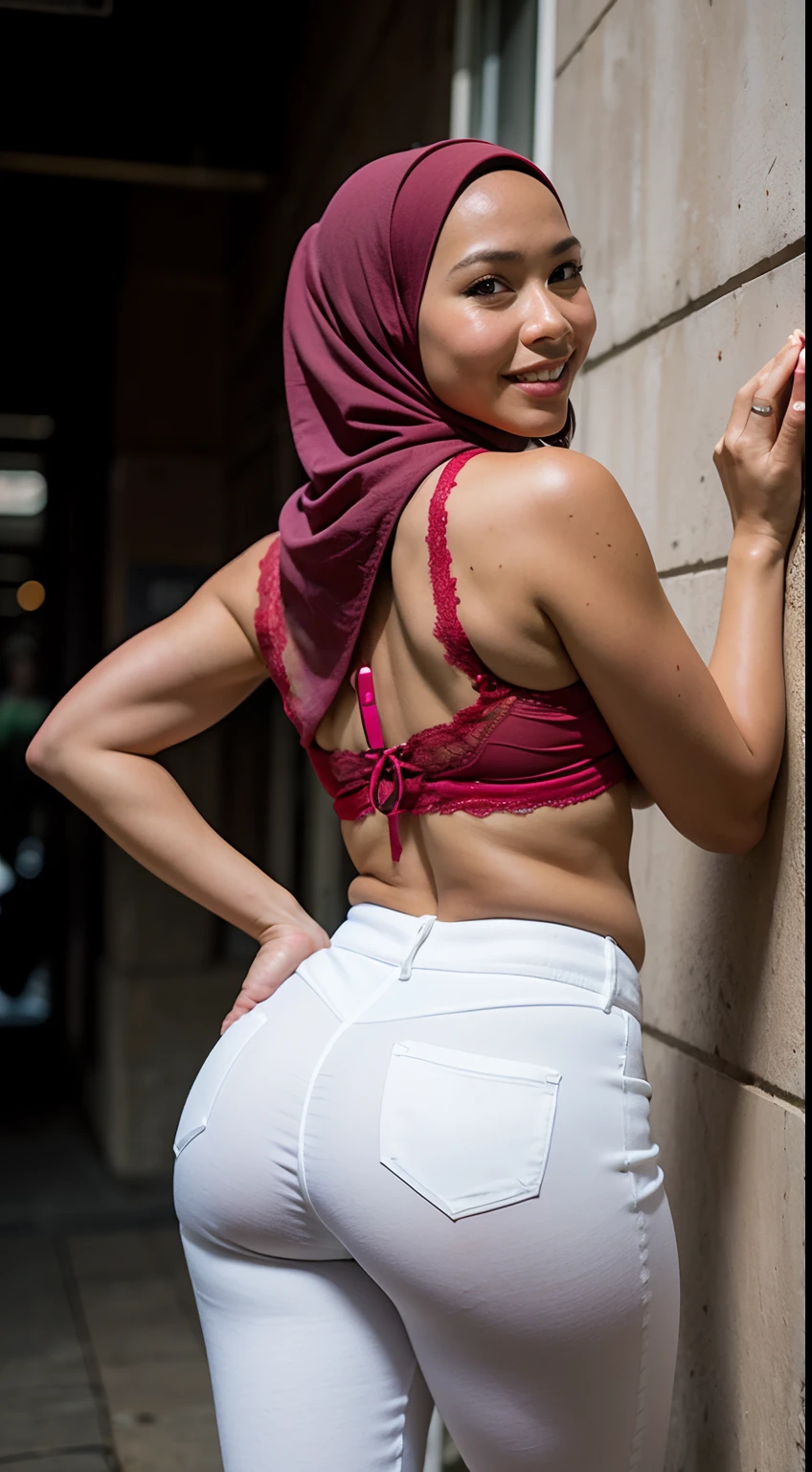 1 malay woman in hijab,((tight white high waist pants and red lace bra)),(Small buttocks),Emphasize ass,big round ass, Smaller chest,Clothes are sheer,Smiling smile, (hijab flying), de pele branca,big breasts thin waist, hongkong style street, Hyper-Realism, Cinematic lighting, depth of fields, From below, from back, vanishing point, F/2.8, Anatomically correct, Textured skin, Super Detail, awardwinning, Best Quality, hight resolution,
