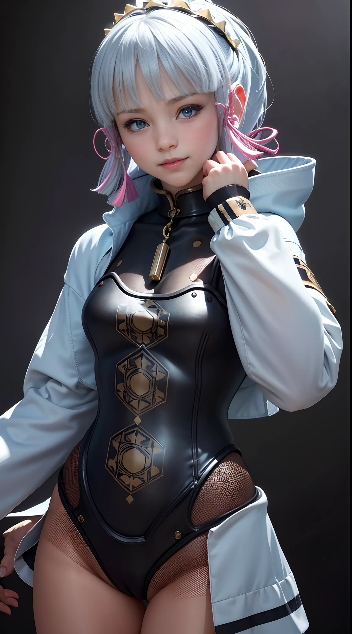 {best quality}, {{masterpiece}}, {high res}, extremely detailed CG, extremely detailed 8K wallpaper, extremely detailed character,{an extremely delicate and beautiful portrait}, (((portrait))), solo, sharp focus, dramatic angle, {{cinematic lighting}}, (photorealistic:2), {{{character ({{{a girl}}}, {{{{{{}}}}}}, smile, opened mouth, beautiful detailed eyes, light blue eyes)}}}, ((18 years old)), highly detailed eyes, highly detailed face, (cowboy shot), 1 girl, solo, standing, studio background, (black background), white hair, multicolored hair, petite, blue hoodie, hair ornament, (((Striped Mesh Bodysuit)))