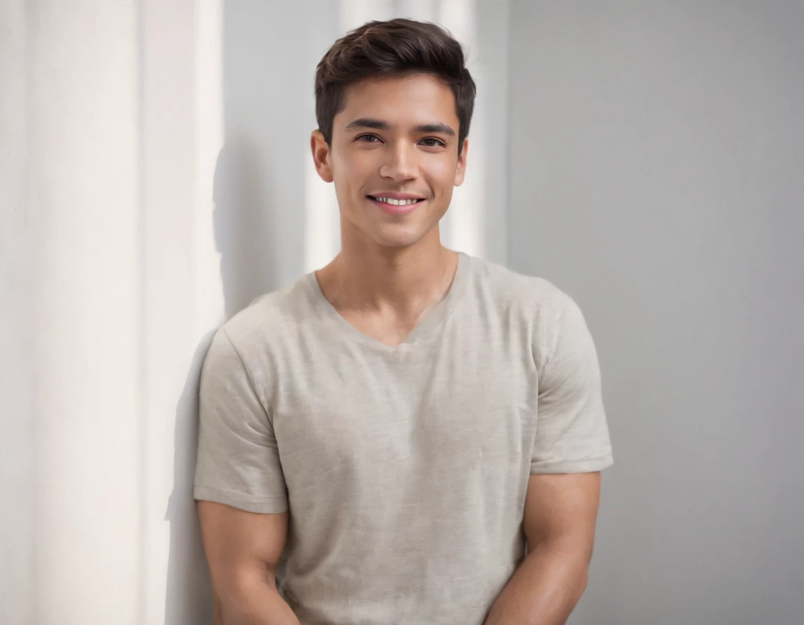 (Photo: 1.3) af (realism: 1.3), (Latino male), Latino male avatar, (frontal close-up), soft light, clear face, happy, cheerful, warm light, white T-shirt, ( Close - white background), (blank background), ((grey wall background)) avatar, (short hair), smile, handsome, young,, short hair, smile, (close-up)
