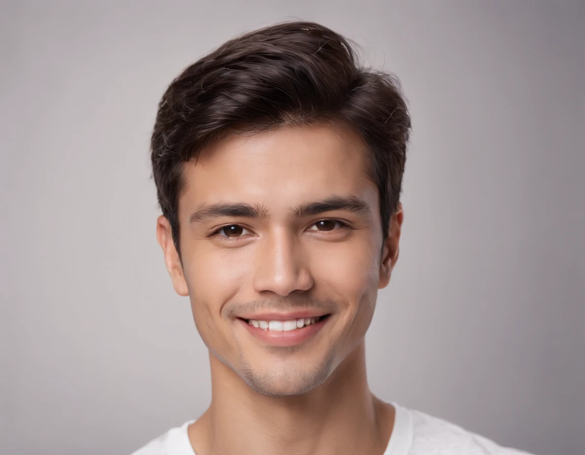 (Photo: 1.3) af (realism: 1.3), (Latino male), Latino male avatar, (frontal close-up), soft light, clear face, happy, cheerful, warm light, white T-shirt, ( Close - white background), (blank background), ((grey wall background)) avatar, (short hair), smile, handsome, young,, short hair, smile, (close-up)