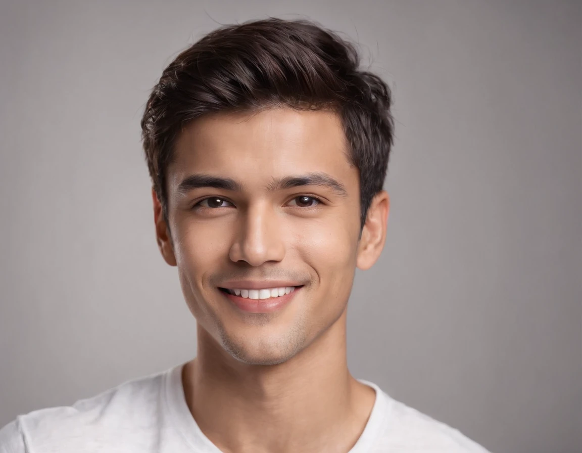 (Photo: 1.3) af (realism: 1.3), (Latino male), Latino male avatar, (frontal close-up), soft light, clear face, happy, cheerful, warm light, white T-shirt, ( Close - white background), (blank background), ((grey wall background)) avatar, (short hair), smile, handsome, young,, short hair, smile, (close-up)