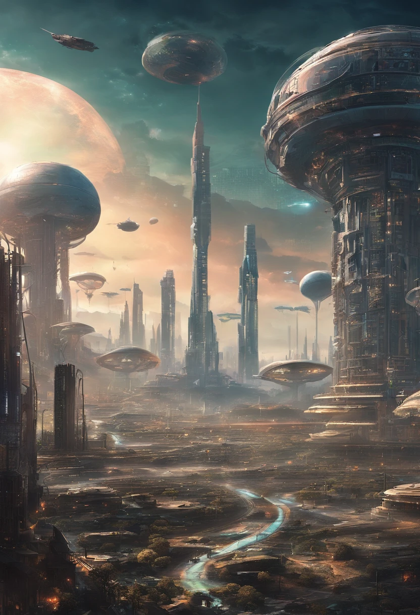 Half of the picture is a post-apocalyptic wasteland city full of zombies，Half of the picture is a fairy world surrounded by fairy