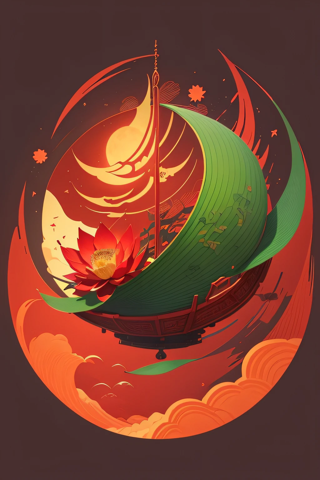 Draw an illustration of the Mid-Autumn Festival and the Chinese National Day,Red is predominant,Green is complemented,These include the night sky,Lotus leaf and Chinese dragon ship elements,The style is simple,Strong sense of space and a bit of dreaminess