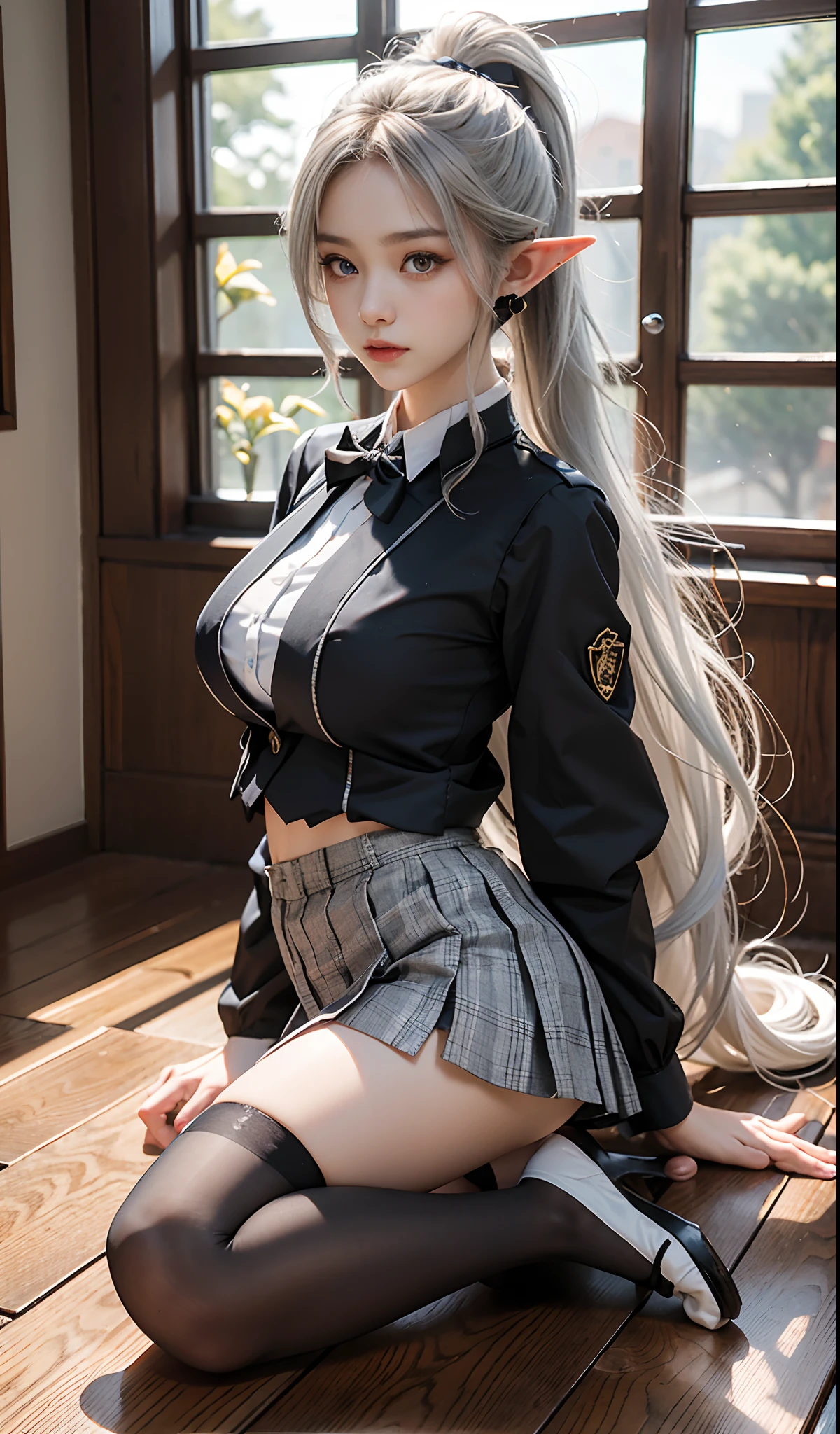 （Extremely normal body：2.0）Japanese-style town：1 Elf beauty，JK school uniform，(Elf long ears)，Short silver-white hair，Half-tied ponytail。Uniform for female high school students)，Short plaid skirt，Stretch your feet，Black short stockings，Black socks, Black socks，Translucent black socks，Jade foot，soles of feet，Normal feet ， very detailed eyes and faces， Sharp pupils， realistic pupil， tack sharp focus， cinmatic lighting，full bodyesbian，Bigboobs，long leges，From the front side，dynamicposes，Normal posture，closeup of face