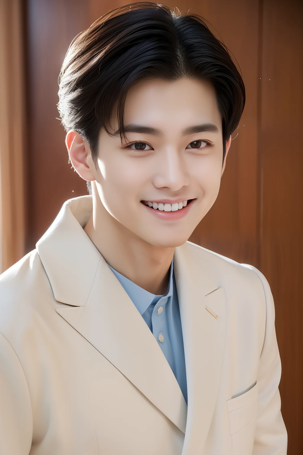 top-quality, masterpiece, 超A high resolution, (realisitic: 1.4), Original photo, wall-paper, Head Photo, The skin, simple background, Black eyes, detaileds, selfy, 1 boys, 18 years old, a handsome, breezing, rays of sunshine, Duan、a room、Amazing handsome man、Cute、Center Part、perm、Johnny's、A face like Ryosuke Yamada、Refreshing、not too thick eyebrows、orthodox christianity、a smile、musculature, full body, k pop looks Korean outfit looks, cinematic lightning, sad smile closed mouth