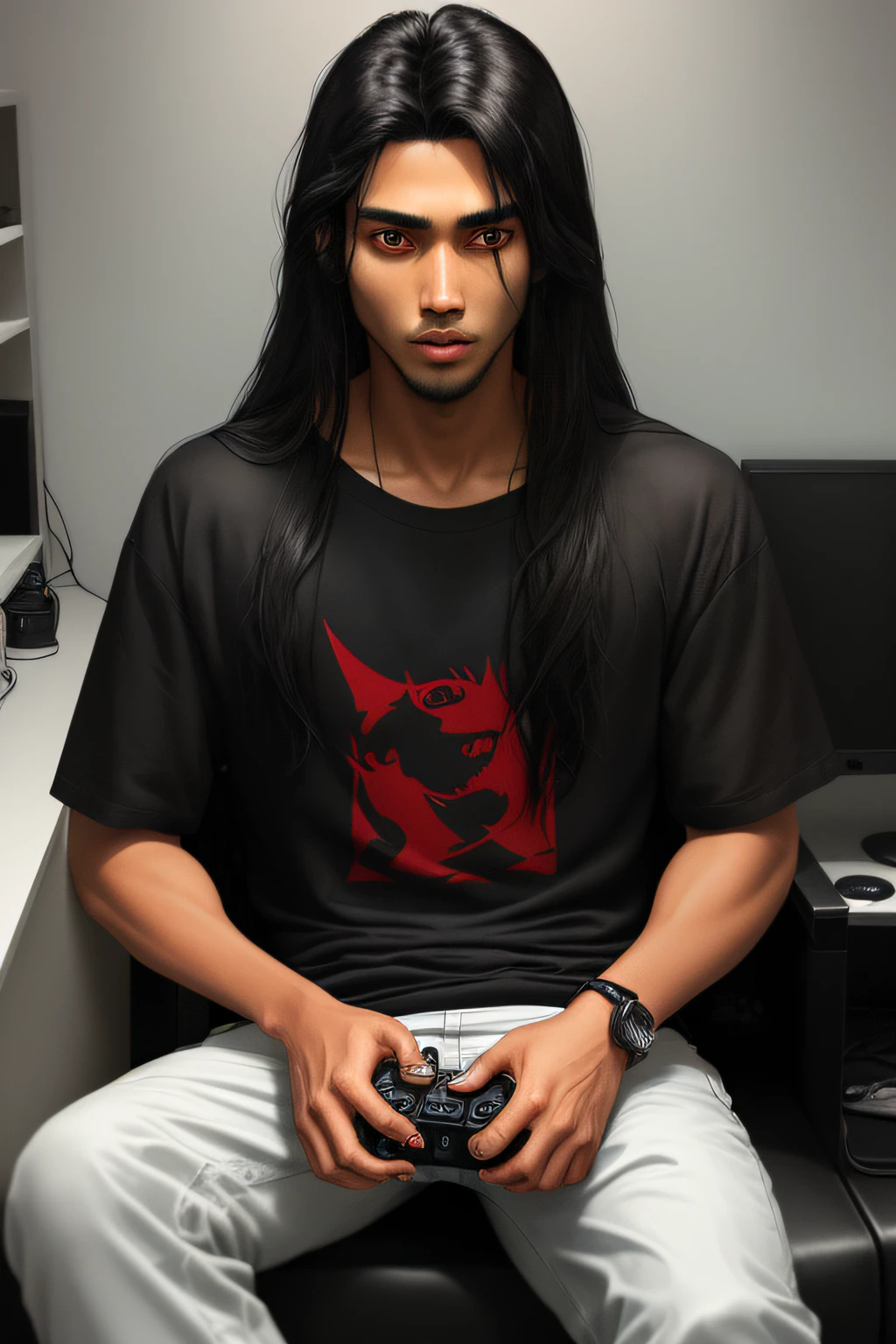 a dark skinded guy with long black indian hair who looks like he addicted to playing wvideo game