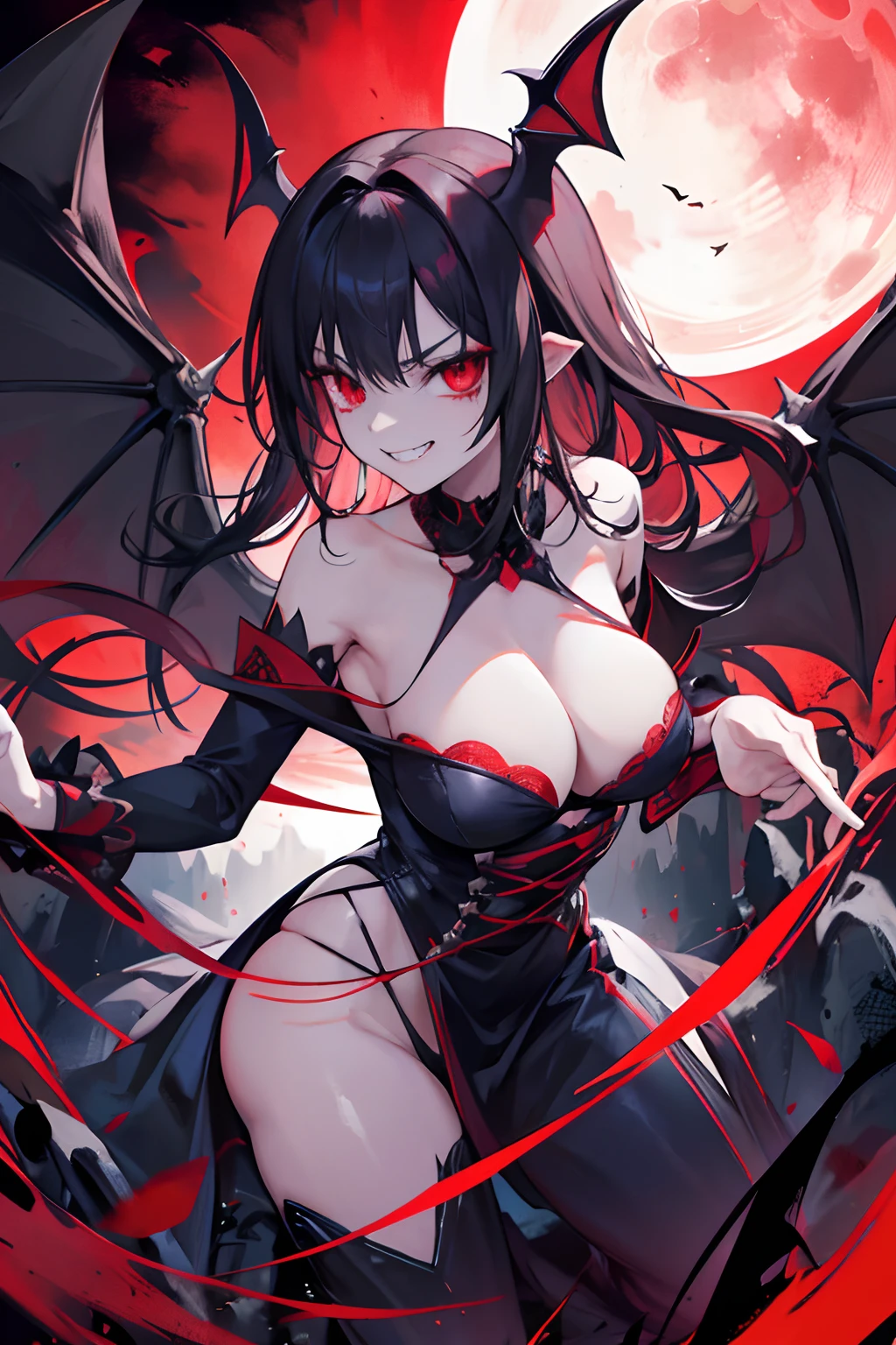 Red eyes, Vampire teeth fangs, Brody's face, Bleeding from the mouth, fake smile,Bat wings, horror smile, Psychological giggles, psychopathic smile, Scary, Mouth opem, Angry eyes, Vampire, Dark sky background, Red + Blue + Green, A shining red moon,big breasts exposed cleavage,Full body detail 4K,Dreamlike,and its detailed completeness