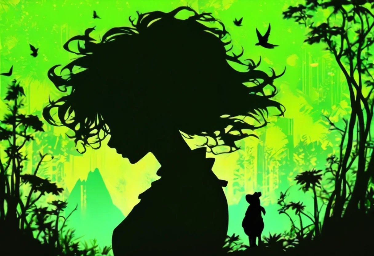 (Silhouette Art,cutouts:1.6)
(((Paper cutting art,A world where only black exists:1.3)
(Cowboy Shot),1 girl,Solo,
(Girl with a fan,profile:1.2),
Romper
(Windy steppe、Moss green wind)
Textured glass background,Tarot card atmosphere