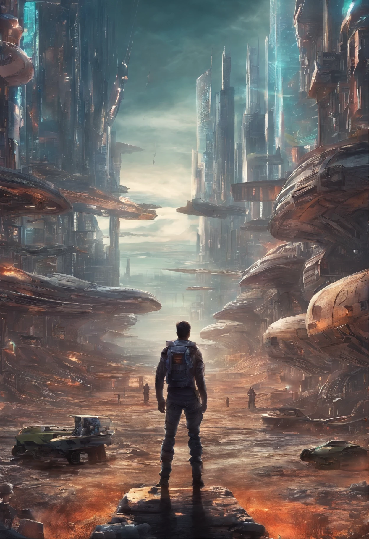 Half of the picture is a post-apocalyptic wasteland city full of zombies,Half of the picture is a fairy world surrounded by fairy