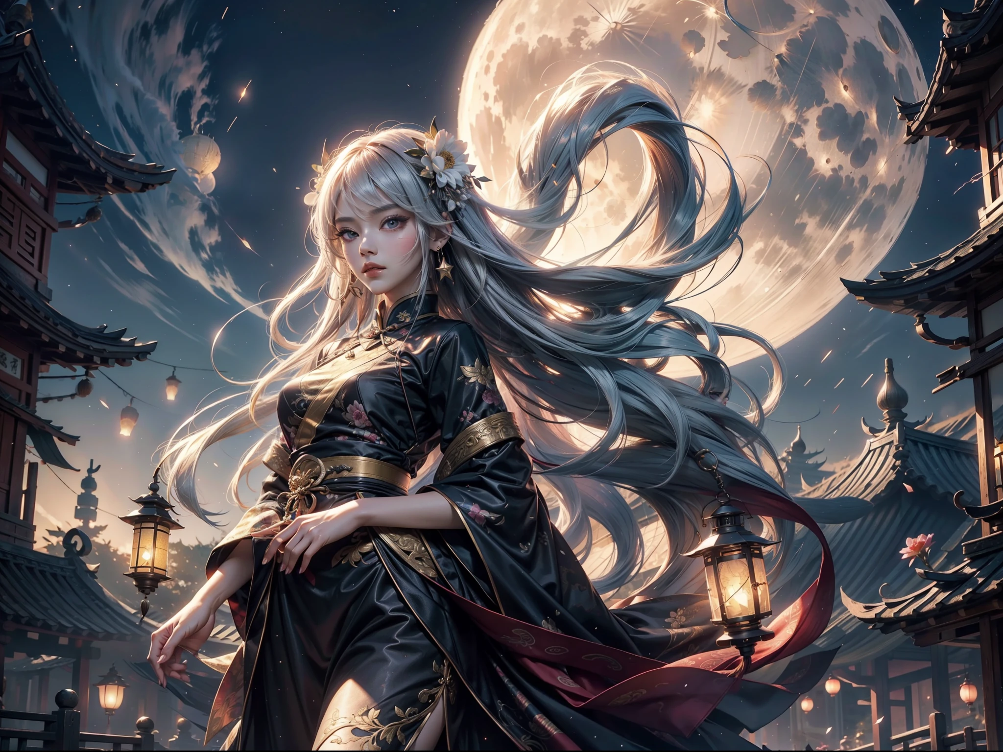 (max resolution: 1.2), (Ultra HDTV: 1.2), 8K resolution, Eye and skin details, face details, , (Sharp focus: 1.2), (Precise focus) face sharp face: 1.2), Standing girl, Flower lantern, Mid-Autumn Festival, Chinese historical costumes, (long hair), White hair, Starry sky, Full moon, Lantern flying in the sky, Flying lantern, Hand holding fan