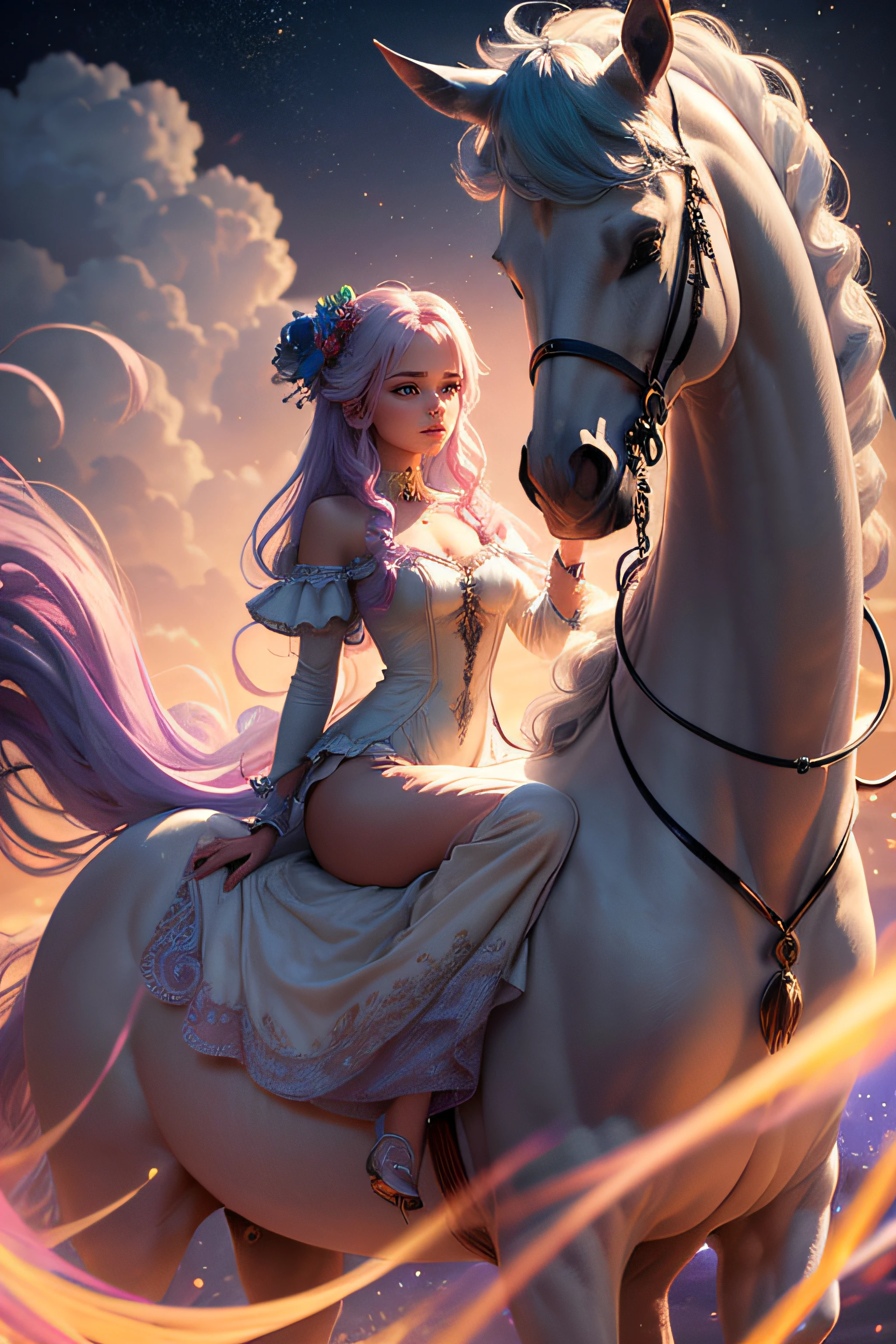 high quality, 8K Ultra HD, ultra-realistic, behold a mesmerizing spectacle -a very enchanting you woman dressed in a long flowing dress of many pastel colors, atop a unicorn. Like a painter's brushstroke, 3d render, cinematic, photo, fashion--Tilt Shot Pewter lighting, 200mm Surreal --aspect 1:1 --s 750 --v 5.2