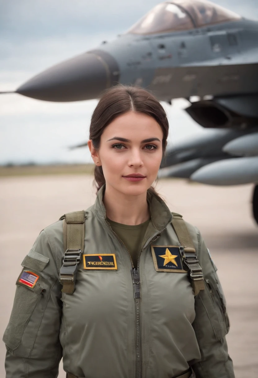 uma mulher, uniformizado, in front of an F 15 military aircraft, Roupas de piloto militar,