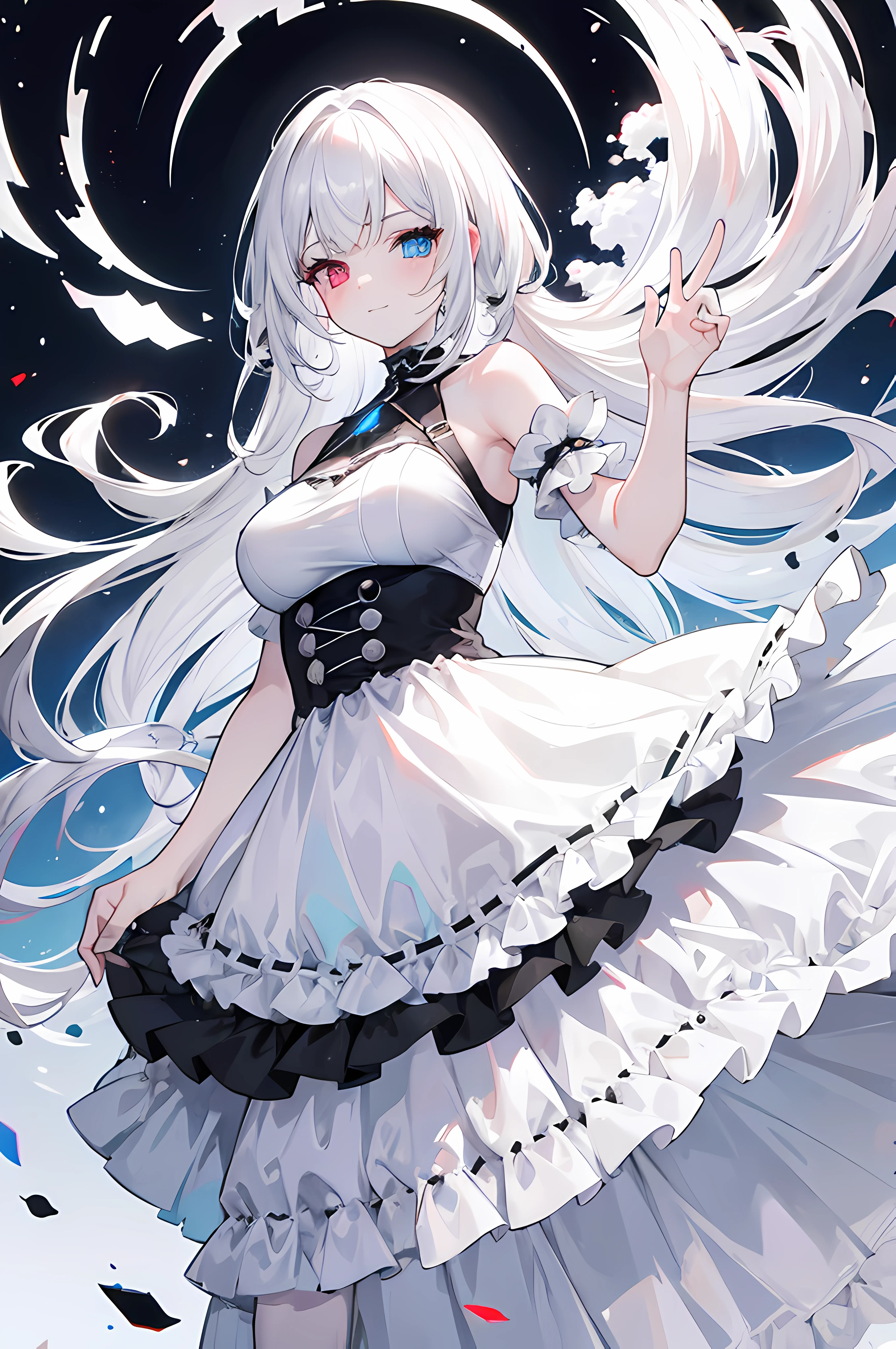 Mujer de pelo blanco, heterochromia, sonrojada, sonriente, mirando hacia arriba, vestido blanco y negro, fondo de universo, levantando un brazo hacia arriba, high resolusion, ultra-sharp, 8k, obra maestra