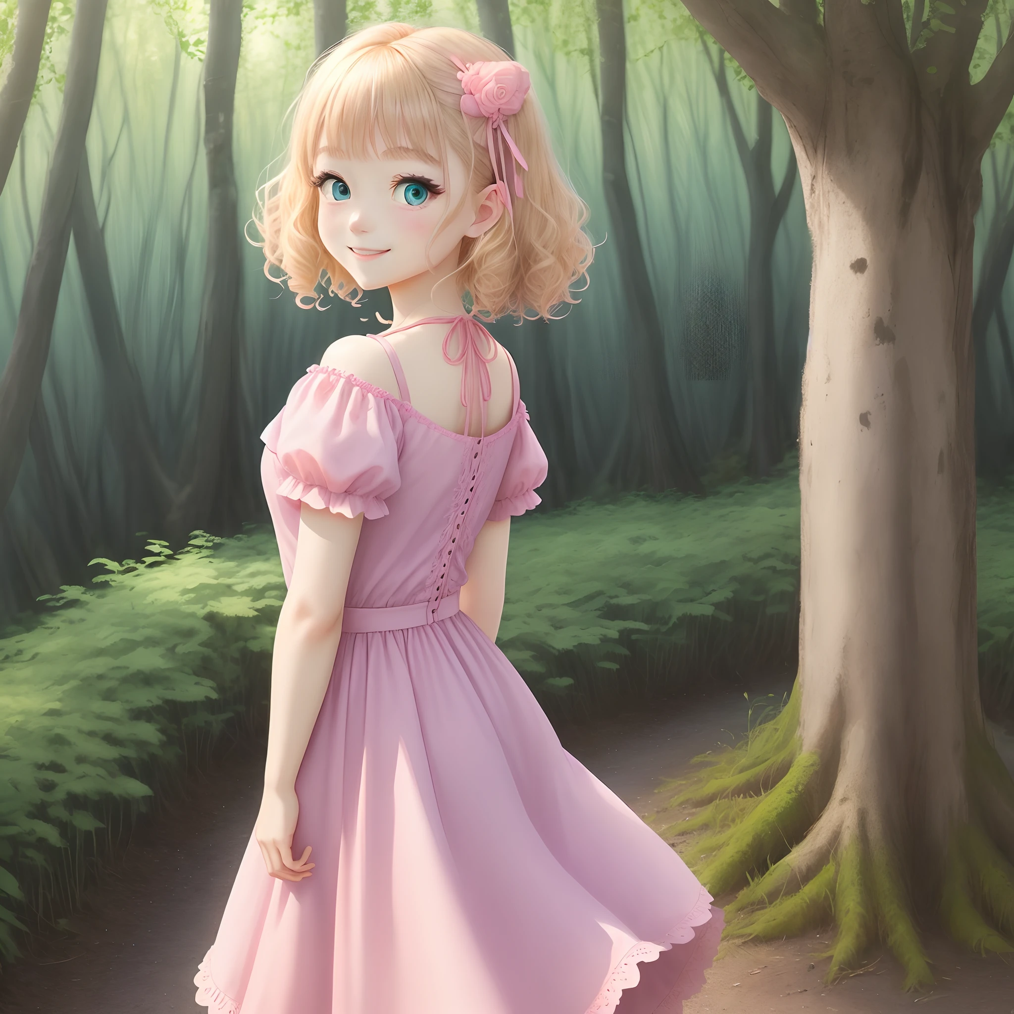 This is a delicate and cute cartoon girl,She has curly blonde hair,Big blue eyes,Cute smile and sweet pink cheeks。She wore a pink dress,Wear delicate hairpins,Behind you is a green forest。