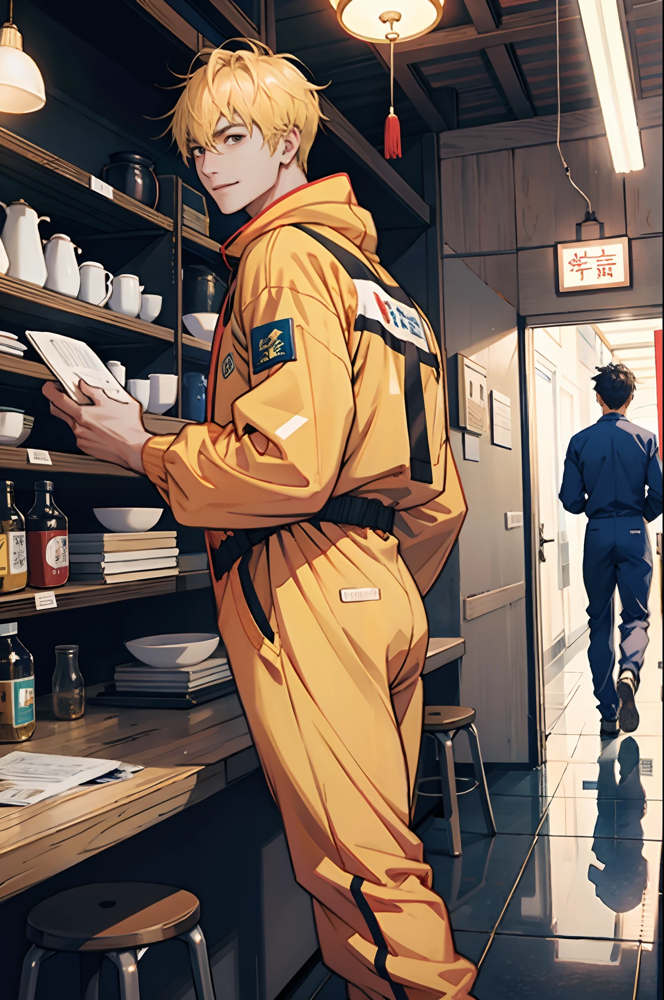 (tmasterpiece,超高分辨率,16k UHD,high qulity),low tune,commute,ads,tvp,standing on your feet,looking at viewert,hoody,tmasterpiece,in the dining room,sitted,(Golden hair),Black eyes,Turn to the back,ssmile,Seoul,(small heads),Precise anatomy,Precise hand structure,(Duck egg face),light colored costume,Jumpsuit,Unity 16K wallpaper,concept-art,One guy,8K eyes,(((Mature male))),(short detailed hair),track pants,(photorealiscic face:1.8),broad shoulder,slips,(full bodyesbian:1.6),Male 18,