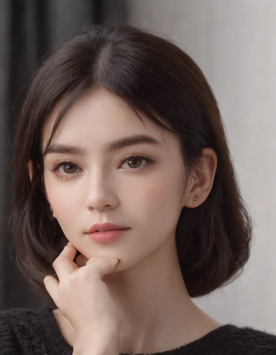 ((from different angles)),(masterpiece:1.3), (8k, photorealistic, RAW photo, best quality: 1.4), White background ,(1girl), beautiful face, (realistic face), (black hair, short hair:1.3), beautiful hairstyle, realistic eyes, beautiful detailed eyes, (realistic skin), beautiful skin, (Black Sweater), absurdres, attractive, ultra high res, ultra realistic, highly detailed, golden ratio