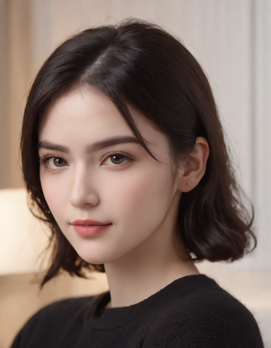 ((from different angles)),(masterpiece:1.3), (8k, photorealistic, RAW photo, best quality: 1.4), White background ,(1girl), beautiful face, (realistic face), (black hair, short hair:1.3), beautiful hairstyle, realistic eyes, beautiful detailed eyes, (realistic skin), beautiful skin, (Black Sweater), absurdres, attractive, ultra high res, ultra realistic, highly detailed, golden ratio