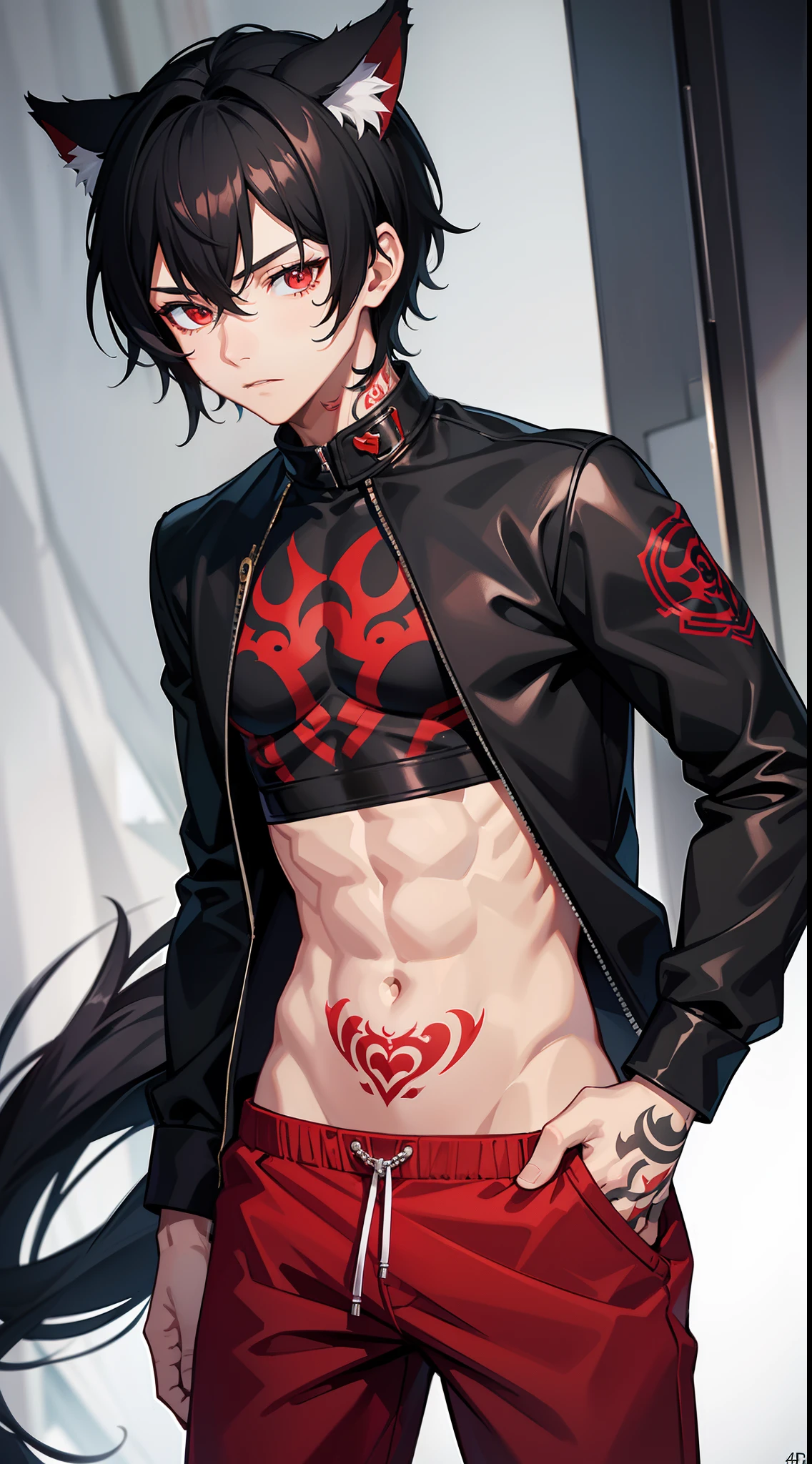 young boy, short black hair, cat ears, red eyes, tattoo, open torso, red pants, fire, Masterpiece, hiquality, 4k, HD, Good detail