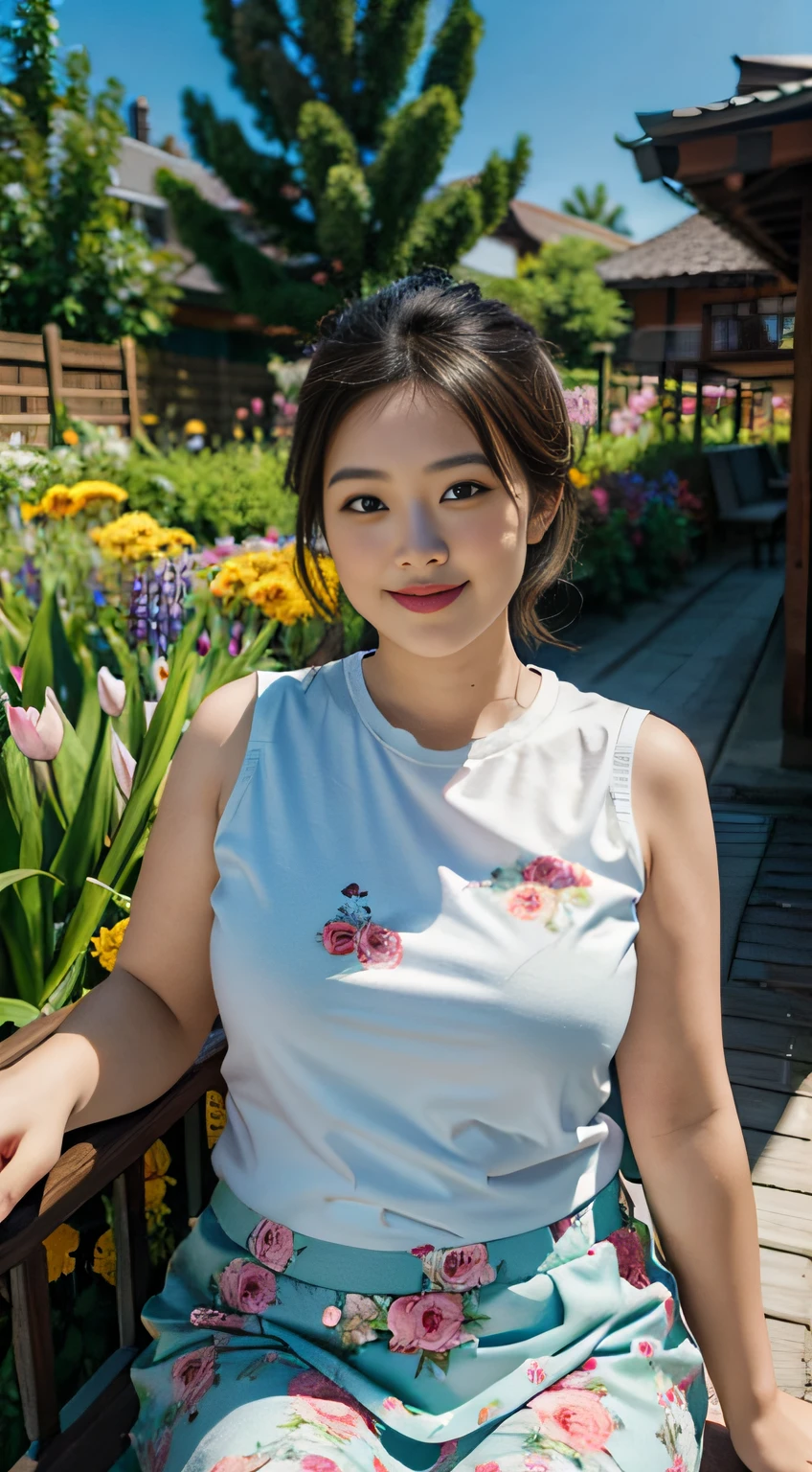 ((中景 the scene is，A half body))1 girl, Obese body, generous dimensions, 35yo，Middle-aged woman，face round, Fat face，double chin, ssmile，Overweight,Short hair tied up ,Sleeveless floral shirt printed with flowers，Skirt，Highlight the breasts，Put her weight on her stomach，looks into camera，Country Garden background，ssmile，ssmile
