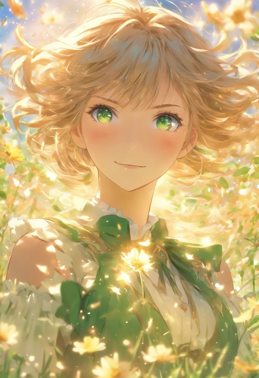 garden,Anime girl wearing skirt in flower field, girl in a dress, Official anime artwork, Violet Evergarden, Emerald hair,green long hair,Elf Princess, Emerald eyes,the elf,anime visual of a cute girl, beautiful teengirl, cute anime waifu in a nice dress, anime key visual of elegant, offcial art, Long haired green hair anime girl, Kushatt Krenz Key Art Women