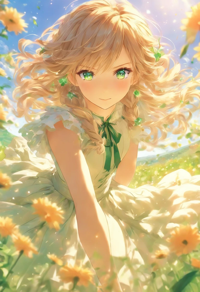 garden,Anime girl wearing skirt in flower field, Loli girl in a dress, Official anime artwork, Violet Evergarden, Emerald hair,green long hair,Elf Princess, Emerald eyes,the elf,anime visual of a cute girl, beautiful teenage girl, cute anime waifu in a nice dress, anime key visual of elegant, offcial art, Long haired green hair anime girl, Kushatt Krenz Key Art Women