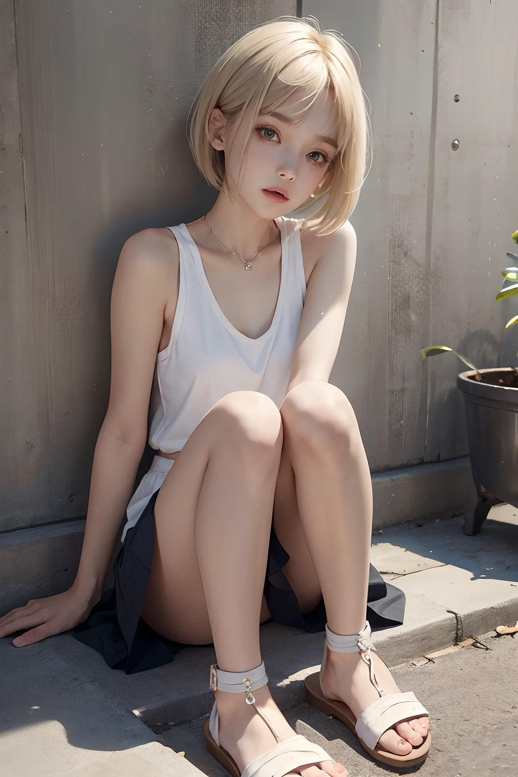 1girl in、brue eyes、short-hair、blondehair、Short tank top、flered skirt、Masterpiece face、top-quality、Precise body、beauty legs、White sandals、