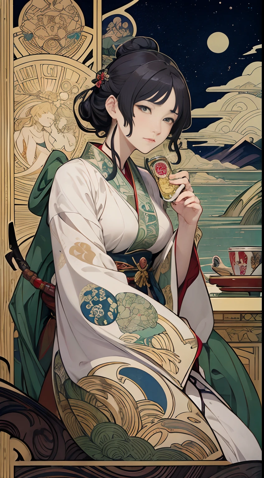 Hokusai, Alphonse Mucha, Kay Nielsen, Remedios Varo, katsuhiro Otomo, Ukiyo-e, Japanese anime, surreal mysterious weird bizarre fantasy sci-fi fantasy solar system sucked into a glass bottle cafe counter, hyper detailed, high resolution high definition high quality masterpiece