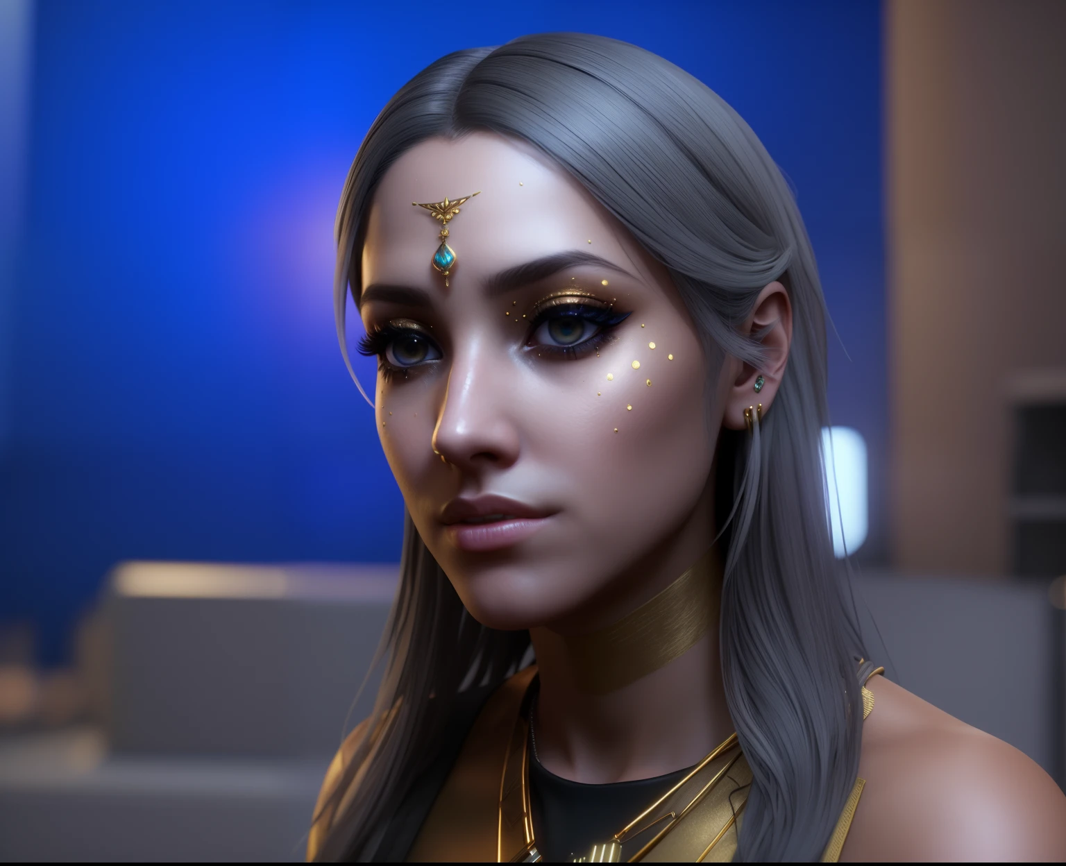 Wearing gold makeup，Arad woman with a necklace around her neck, illusory engine : : rave makeup, Makeup. illusory engine, Rendu portrait 8k, unreal engine rendered + A goddess, cinematic goddess close shot, Hyper-realistic cyberpunk style, for hire 3d artist, 3 d demo reel avatar, cinematic realistic portrait, epic 3 d oshun，Super real，Unreal Engine5，Video games