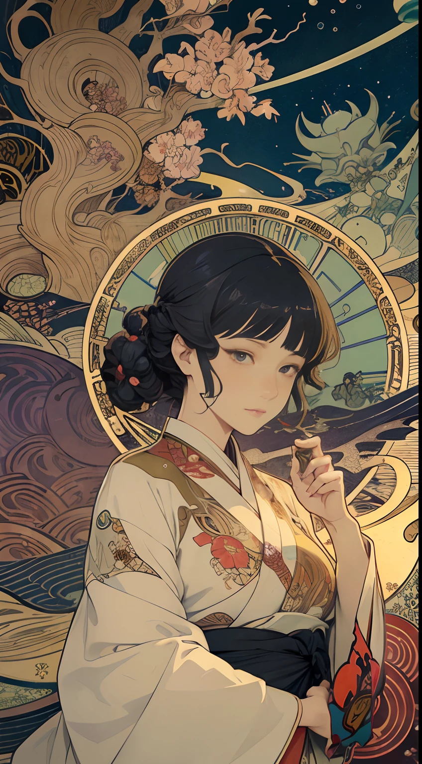 Hokusai, Alphonse Mucha, Kay Nielsen, Remedios Varo, katsuhiro Otomo, Ukiyo-e, Japanese anime, surreal mysterious weird bizarre fantasy sci-fi fantasy solar system sucked into a glass bottle cafe counter, hyper detailed, high resolution high definition high quality masterpiece