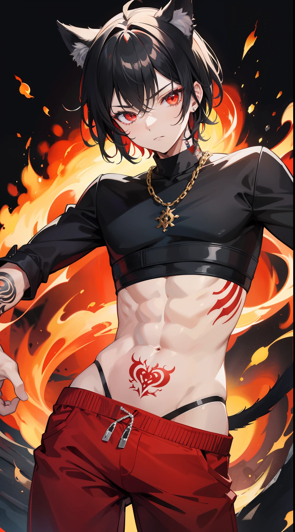 young boy, short black hair, cat ears, red eyes, tattoo, open torso, red pants, fire, Masterpiece, hiquality, 4k, HD, Good detail