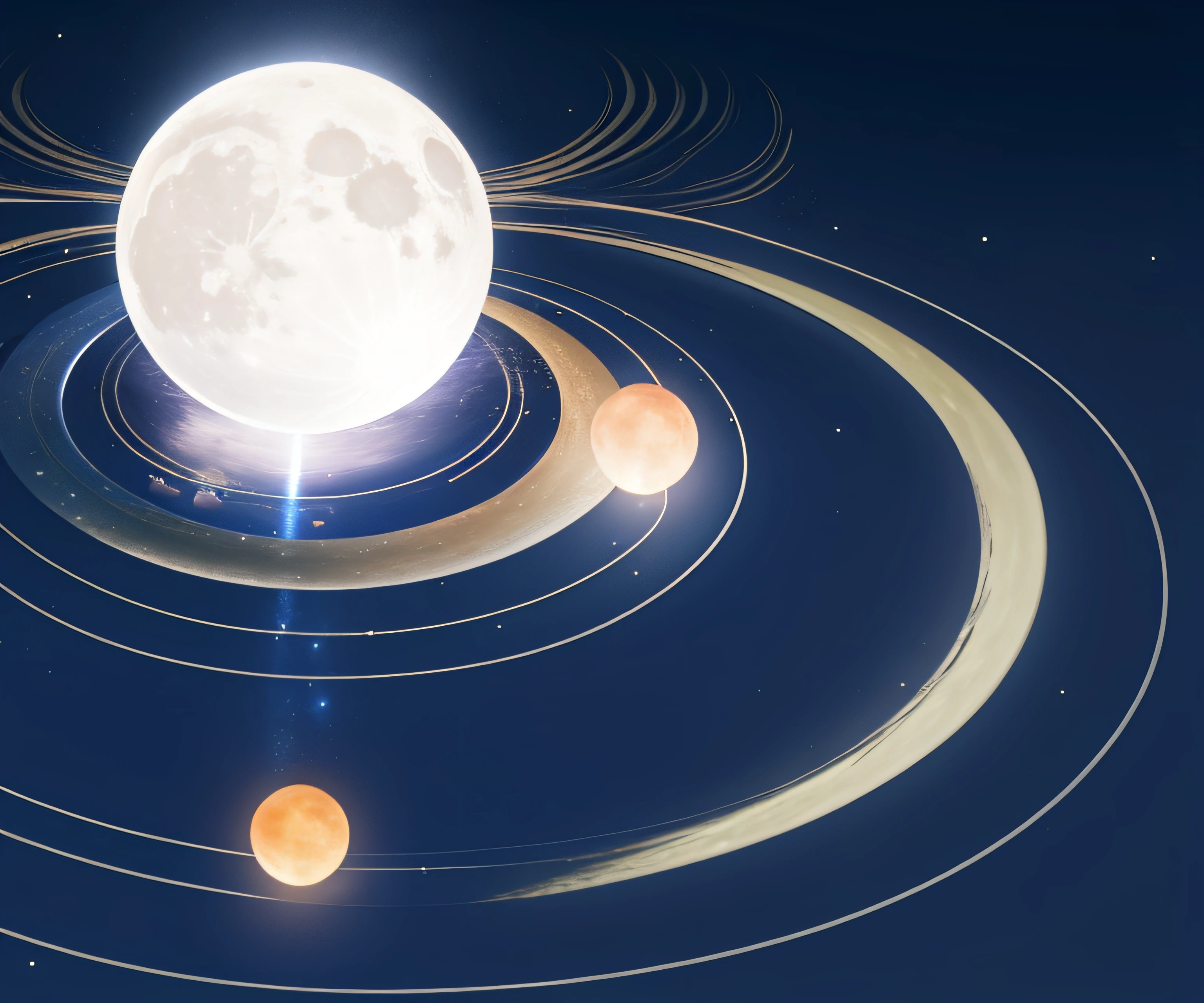 A picture of the moon,There are several planets around, moon light fish eye illustrator, Chiba Yuda, lunar time, blue moon ray tracing, with full moon in the sky, magical dream-like atmosphere, lunar cycles, scientific depiction, Wang Chen, big white moon background, moon full