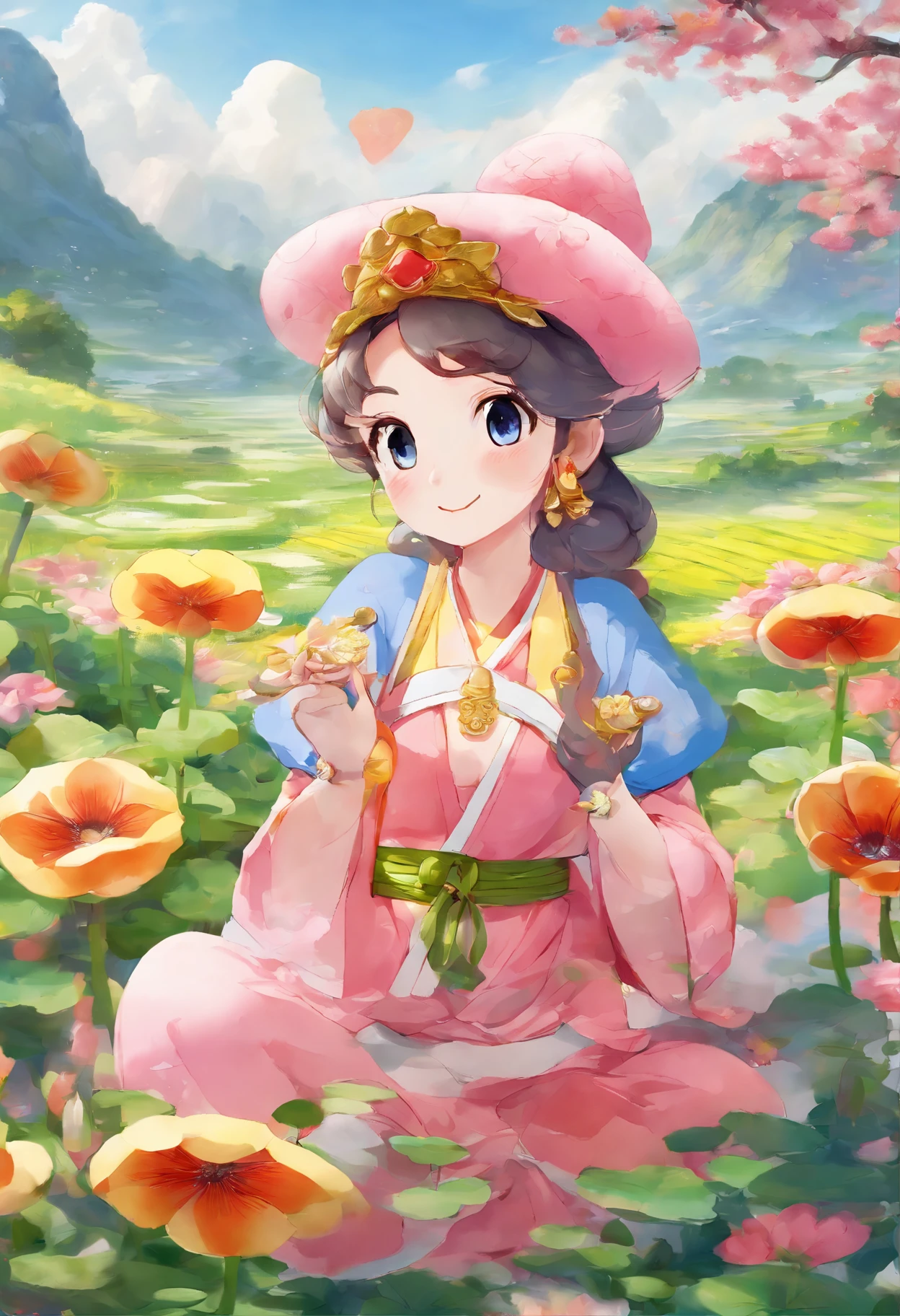 Field with beautiful flowers (close-up cleavage), meditate, Zazen, A meditative (Chinese landscape painting), (ink and watercolor painting), (8k wallpaper), (Light and Shadow Effect), rendering by octane, White balance design, Extremely detailed image representation, Wide angles, depth of fields, masterpiece, realistic, beautifully portrayed, a detailed, accurate, Masterpieces, masterpiece”