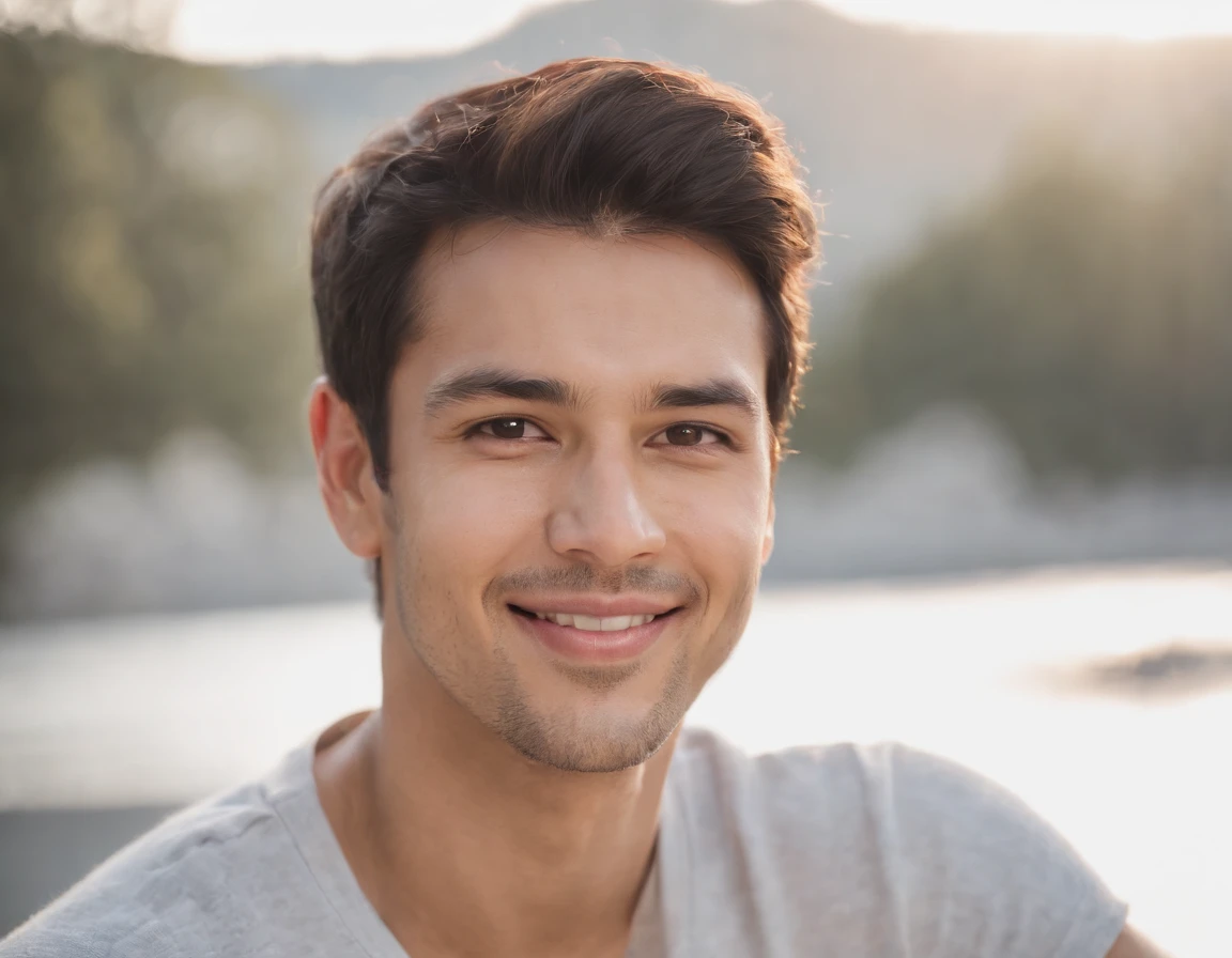 (Photo: 1.3) af (realism: 1.3), ((Latino man avatar)), frontal close-up, soft light, clear face, happy, cheerful, warm light, white T-shirt, (off-white background), (blank background), (grey wall background) avatar, (short hair), smile, handsome, young, short hair, smile, (close-up)