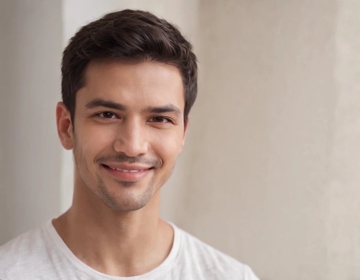 (Photo: 1.3) af (realism: 1.3), ((Latino man avatar)), frontal close-up, soft light, clear face, happy, cheerful, warm light, white T-shirt, (off-white background), (blank background), (grey wall background) avatar, (short hair), smile, handsome, young, short hair, smile, (close-up)