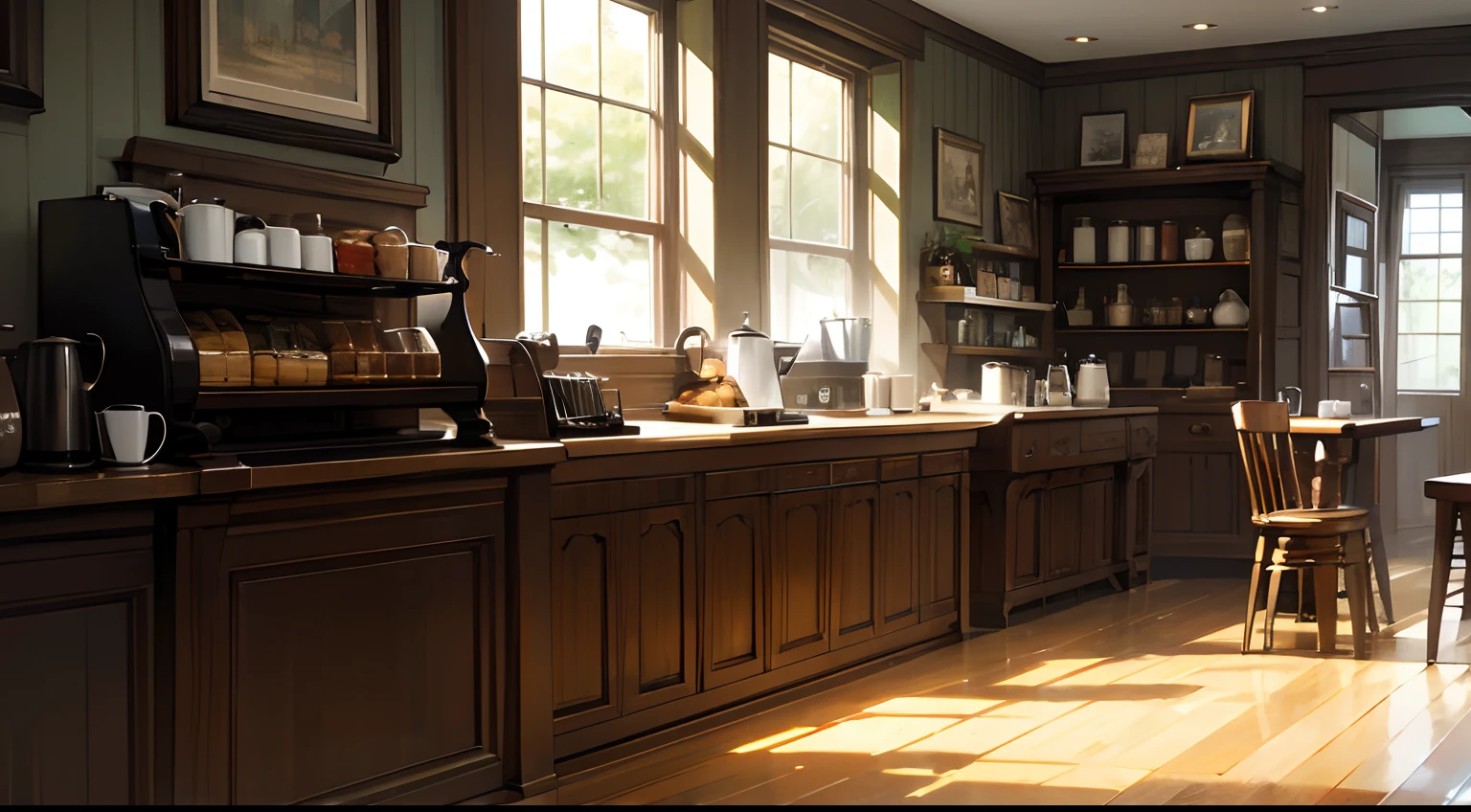 fashionable cafe、Old shopkeeper、Bright windows、Wooden table、Coffee maker、