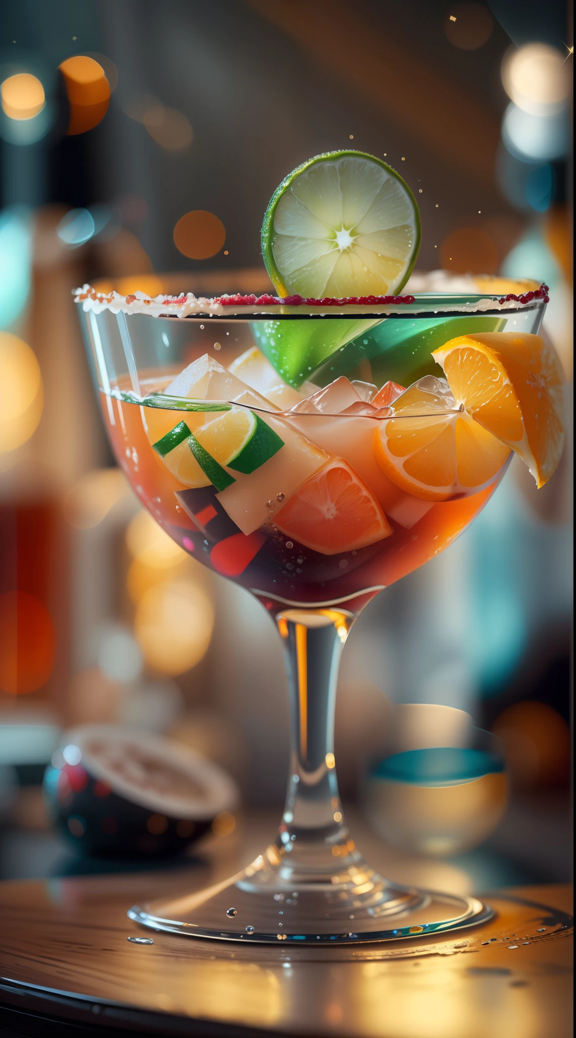 (best quality,4k,8k,highres,masterpiece:1.2),ultra-detailed,(realistic,photorealistic,photo-realistic:1.37),AbstractPatternStyle,cocktail in a glass on a counter,Colorful lighting,Bokeh DOF background